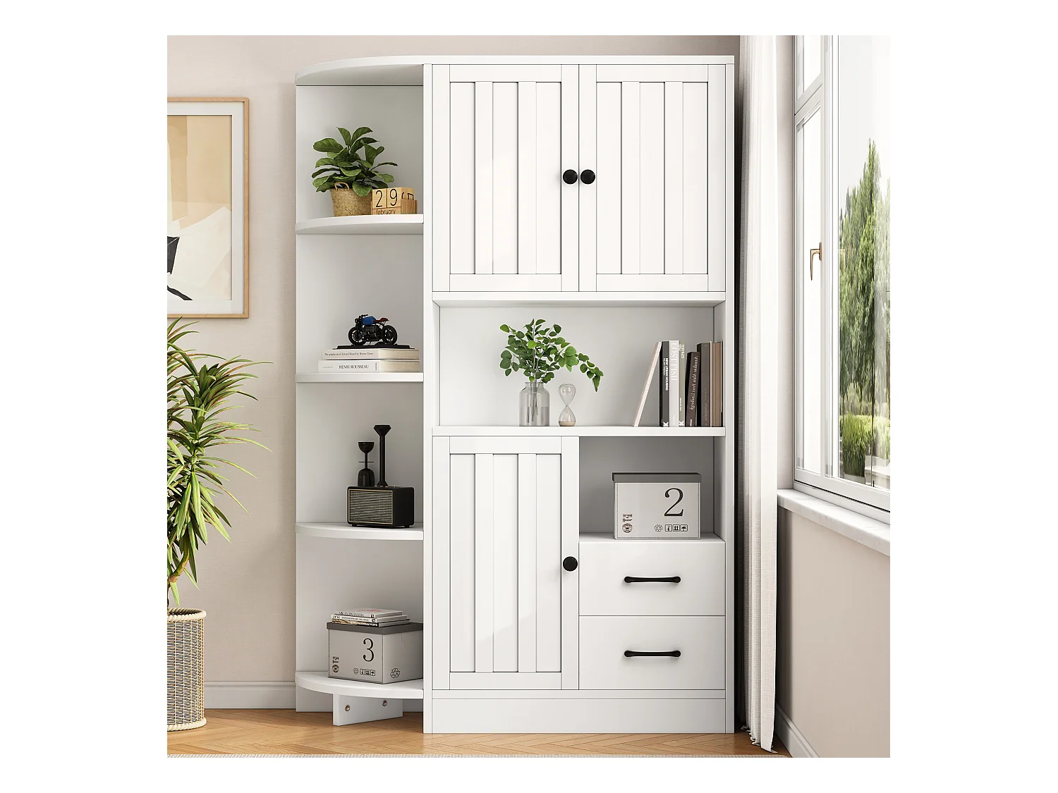 Vitrine 104x35x155 cm - 3 portes et 2 tiroirs - Étagères réglables - Blanc