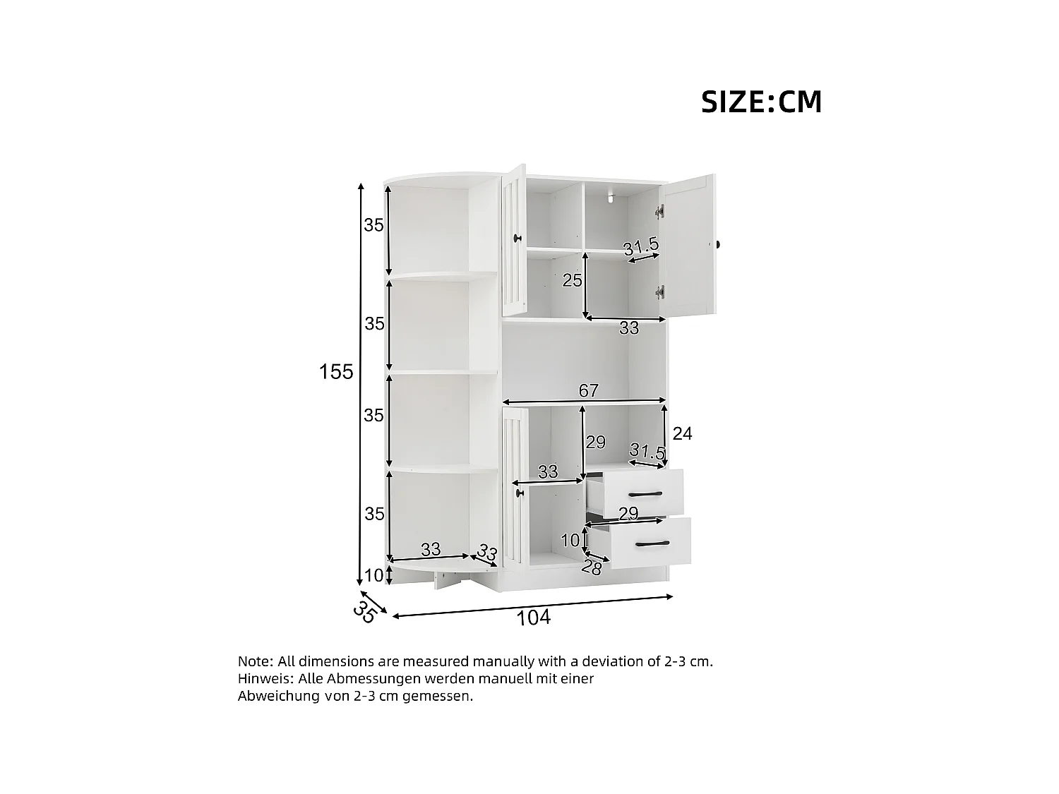 Vitrine 104x35x155 cm - 3 portes et 2 tiroirs - Étagères réglables - Blanc