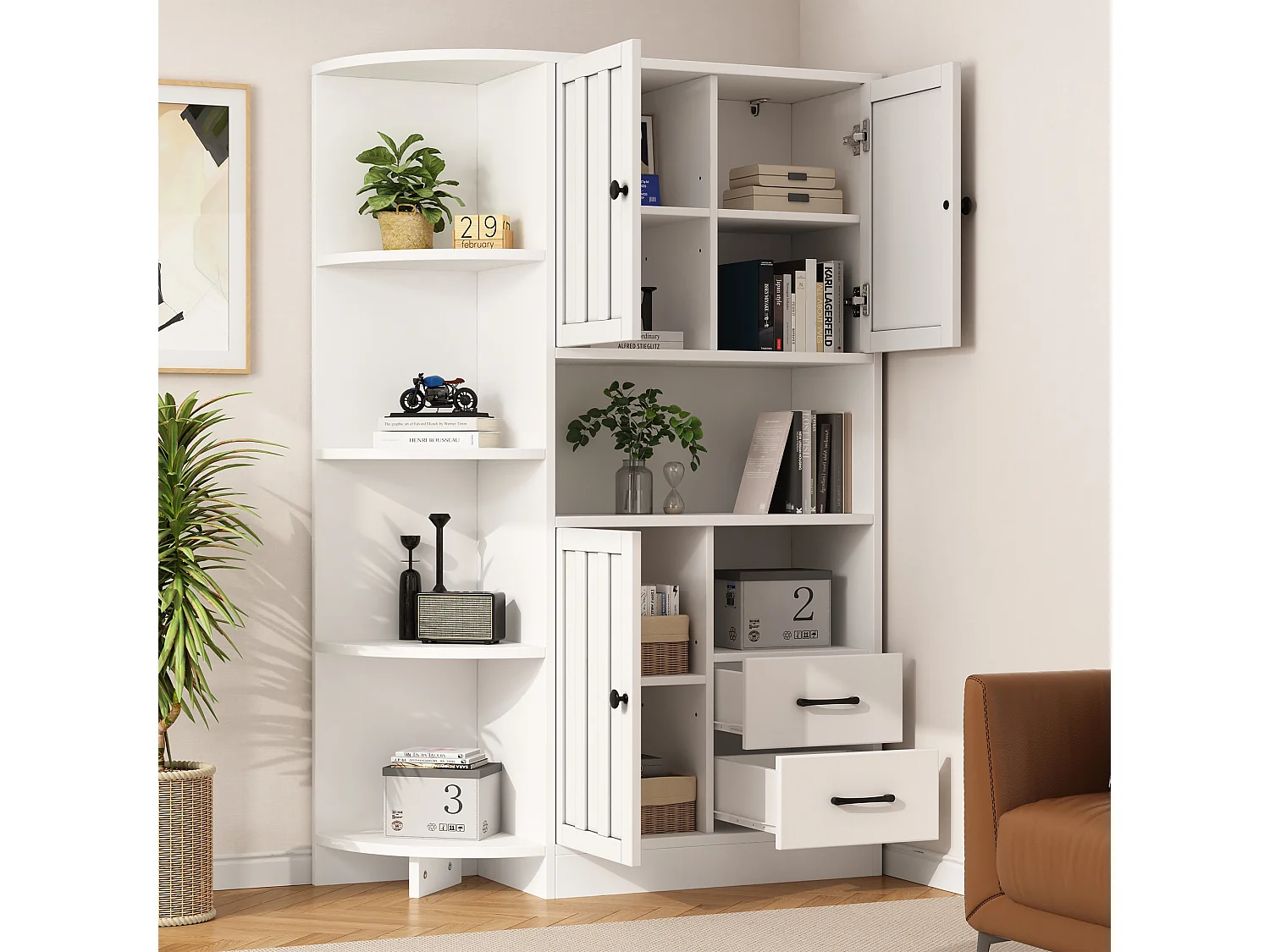 Vitrine 104x35x155 cm - 3 portes et 2 tiroirs - Étagères réglables - Blanc