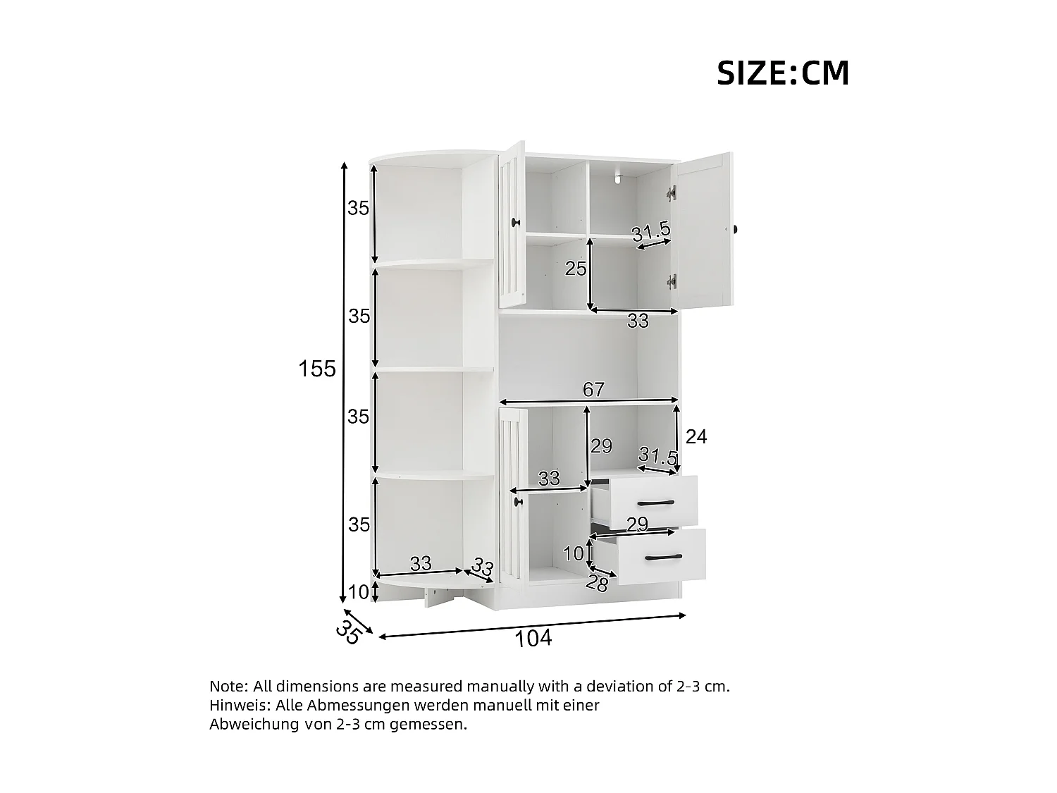 Vitrine 104x35x155 cm - 3 portes et 2 tiroirs - Étagères réglables - Blanc