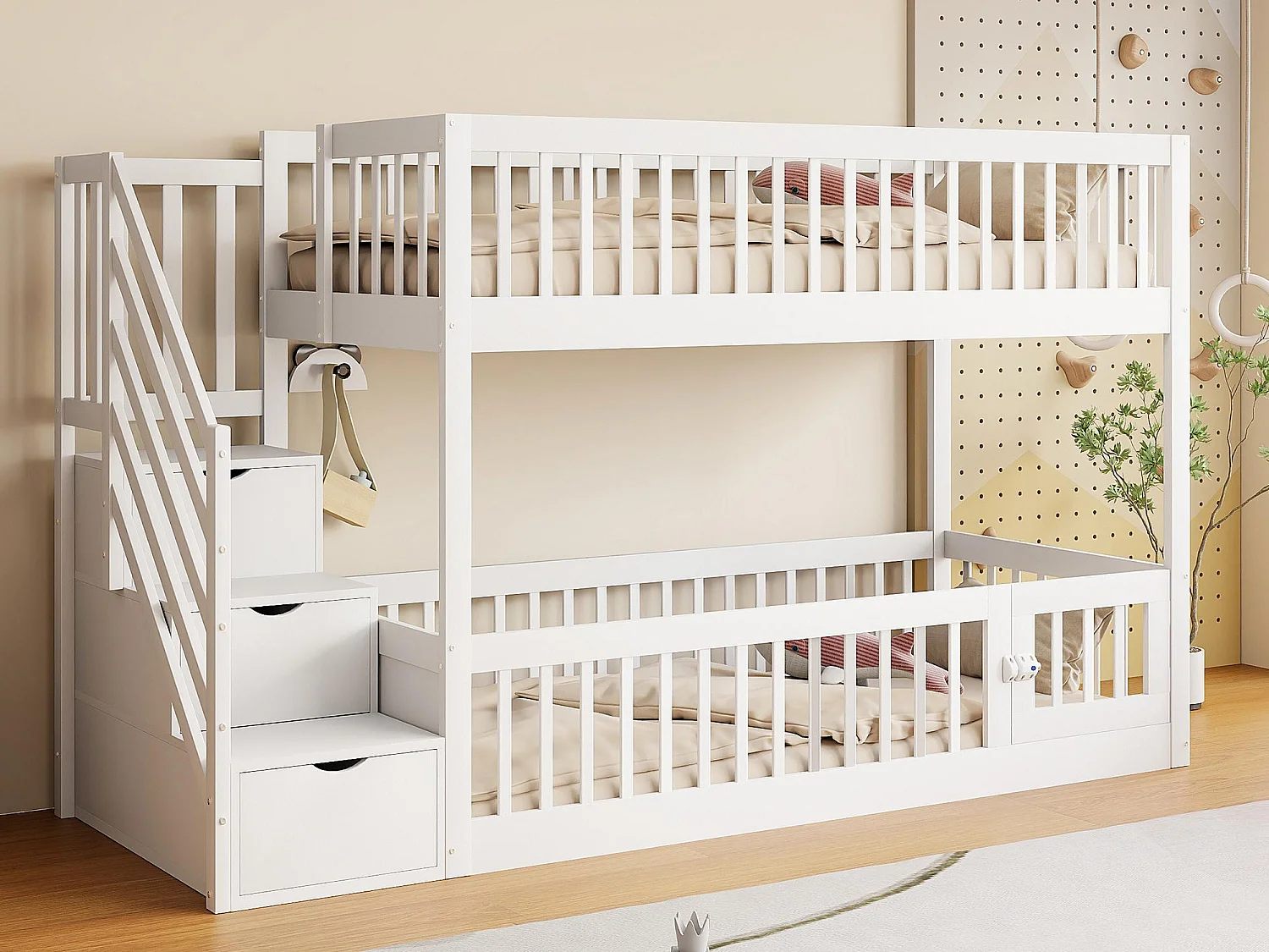 Beliche 90×200 cm - com escada de segurança - com 3 gavetas - branco (colchão não incluído)