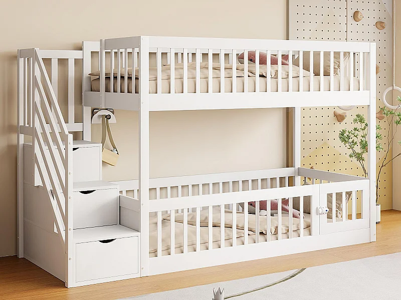 Beliche 90×200 cm - com escada de segurança - com 3 gavetas - branco (colchão não incluído)