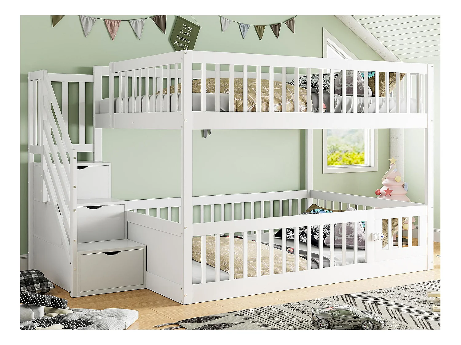 Lit superposé 140x200cm - avec escalier de sécurité - avec 3 tiroirs - blanc (matelas non inclus)