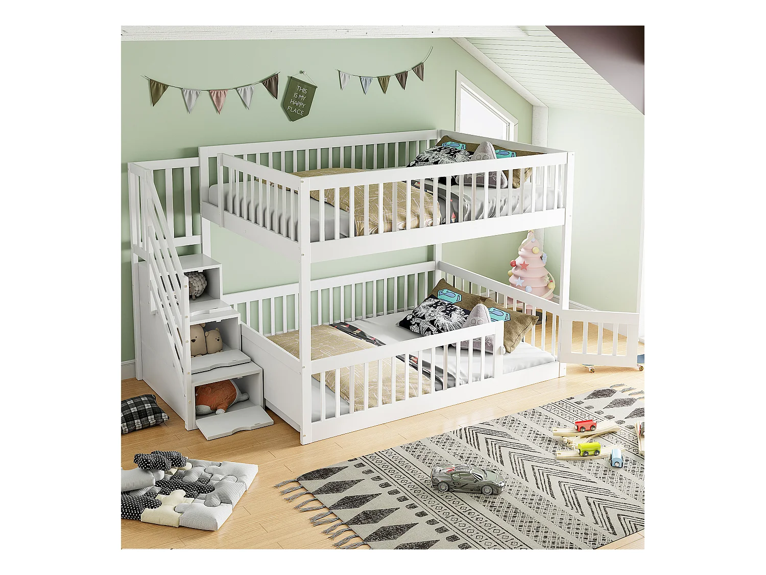 Lit superposé 140x200cm - avec escalier de sécurité - avec 3 tiroirs - blanc (matelas non inclus)