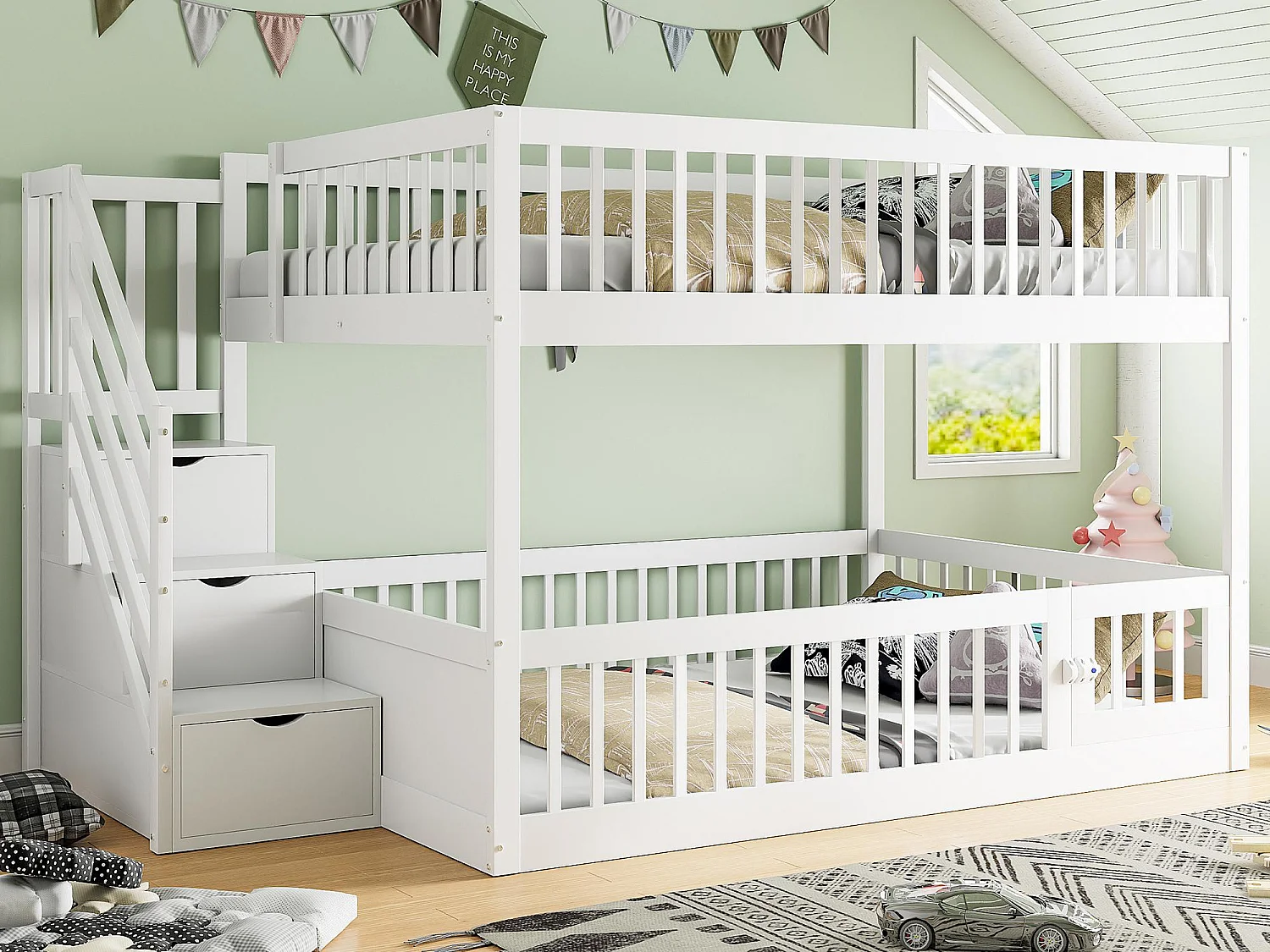 Etagenbett 140×200 cm - mit Sicherheitstreppe - mit 3 Schubladen - weiß (Matratze nicht inbegriffen)