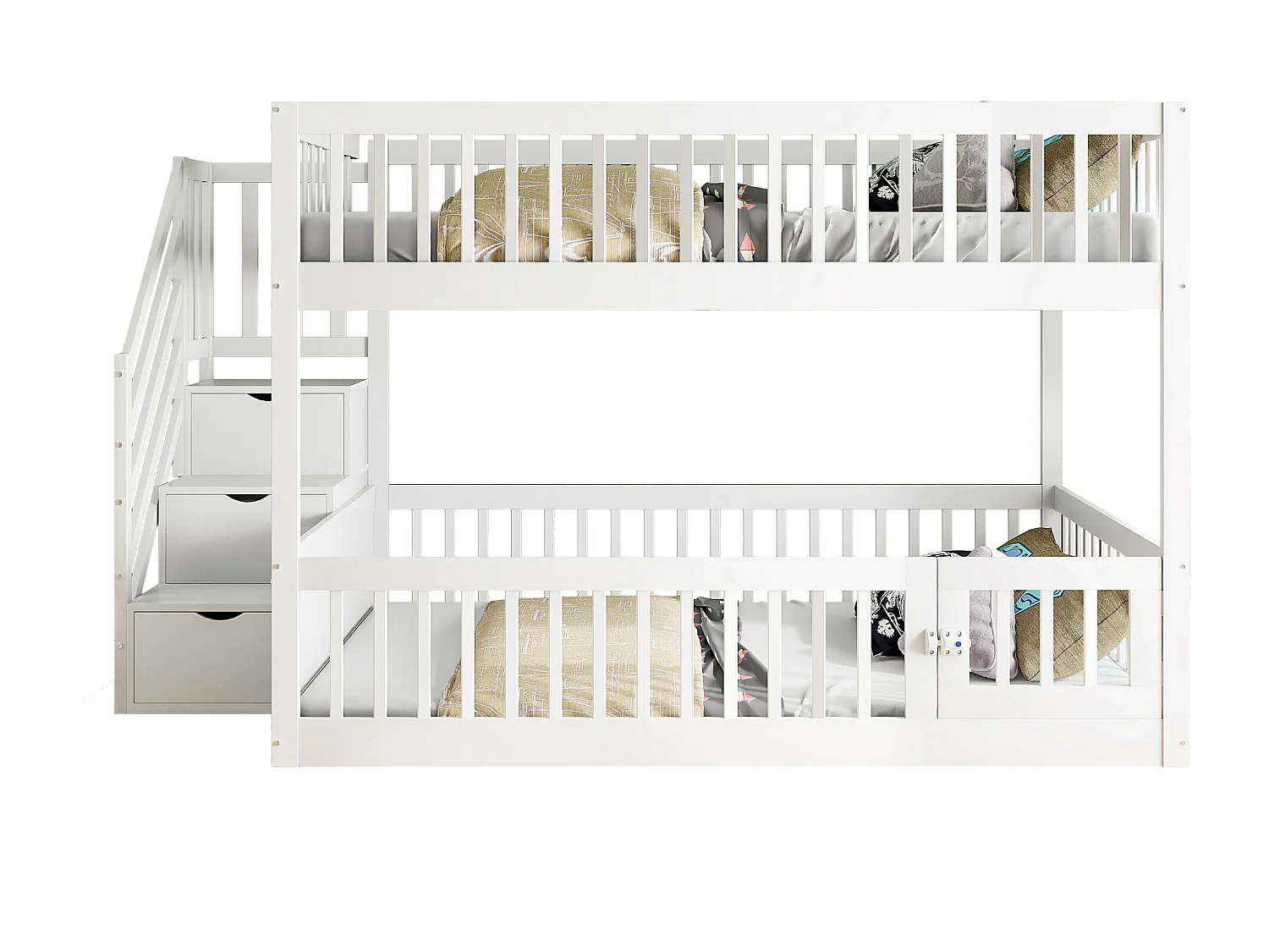 Etagenbett 140×200 cm - mit Sicherheitstreppe - mit 3 Schubladen - weiß (Matratze nicht inbegriffen)