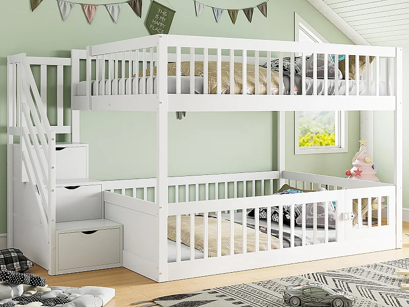 Beliche 140×200 cm - com escada de segurança - com 3 gavetas - branco (colchão não incluído)