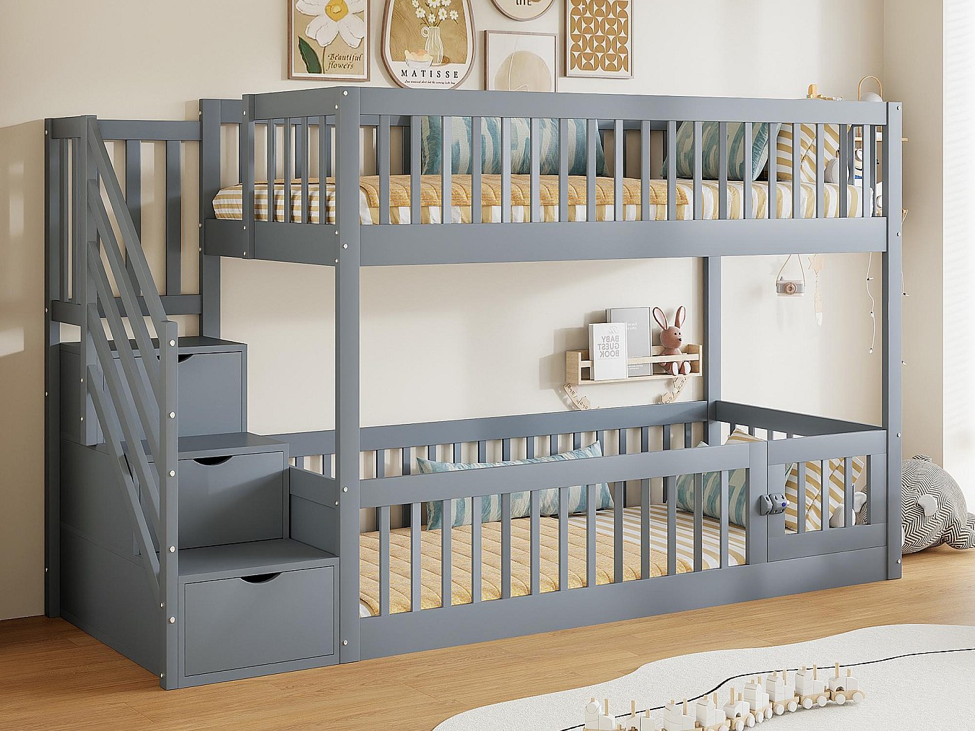Kinderstapelbed 90x200cm - Kajuitbed Met Veiligheidstrap, Massief Houten Bedframe Met Lattenbodem Grijs