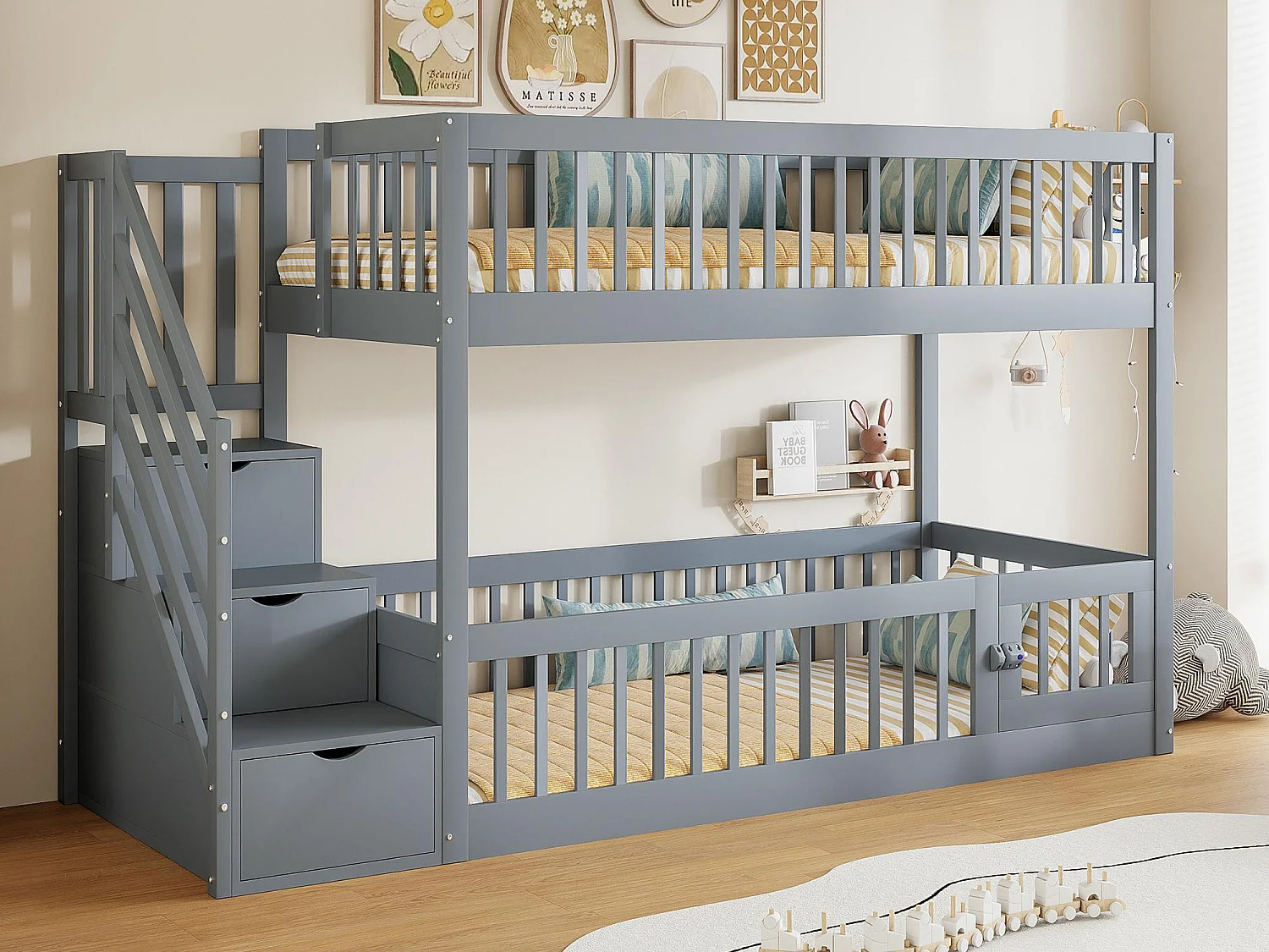 Lit superposé 90x200cm - avec escalier de sécurité - avec 3 tiroirs - Gris (matelas non inclus)