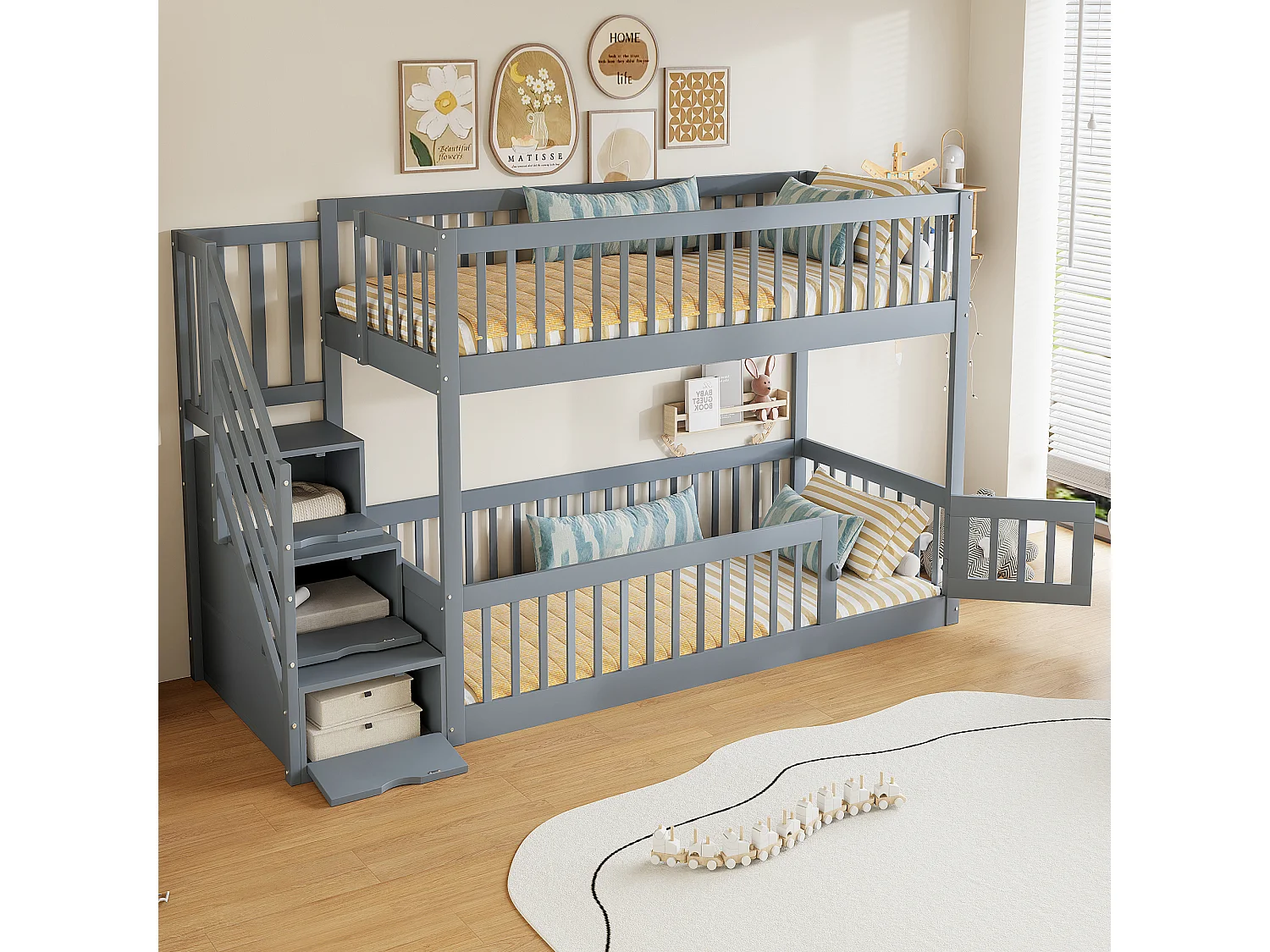 Lit superposé 90x200cm - avec escalier de sécurité - avec 3 tiroirs - Gris (matelas non inclus)