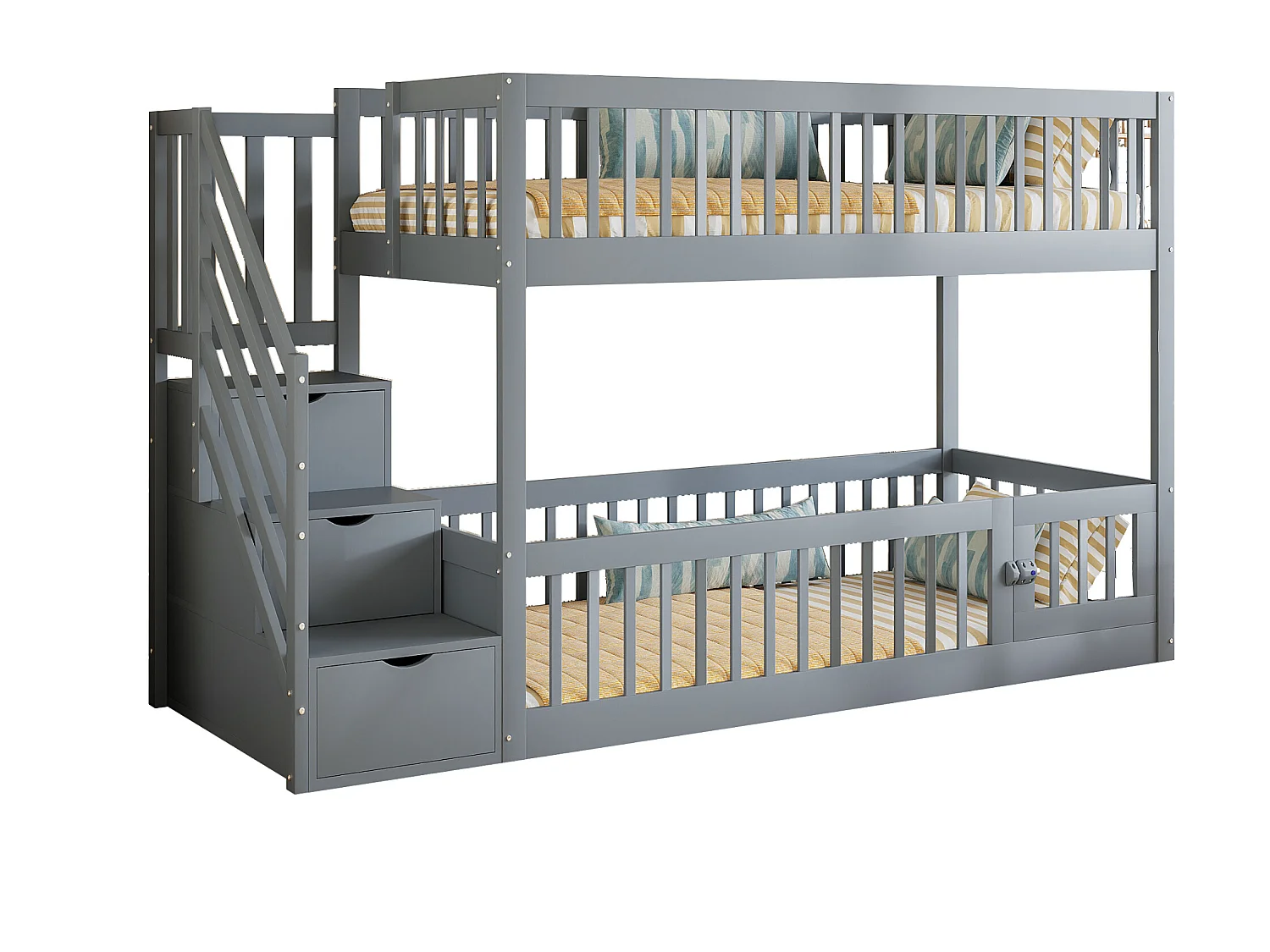 Lit superposé 90x200cm - avec escalier de sécurité - avec 3 tiroirs - Gris (matelas non inclus)