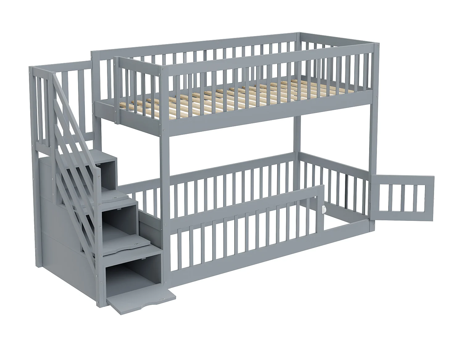 Lit superposé 90x200cm - avec escalier de sécurité - avec 3 tiroirs - Gris (matelas non inclus)