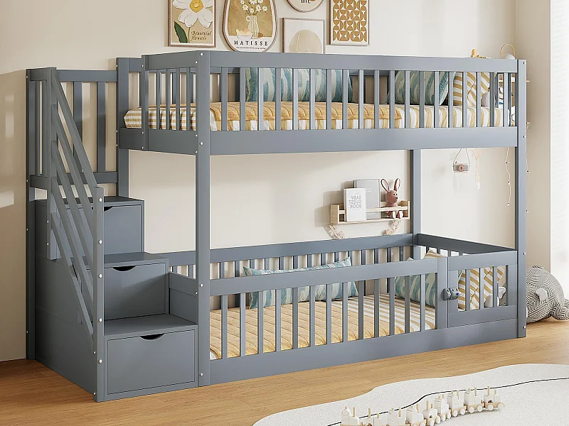 Lit superposé 90x200cm - avec escalier de sécurité - avec 3 tiroirs - Gris (matelas non inclus)
