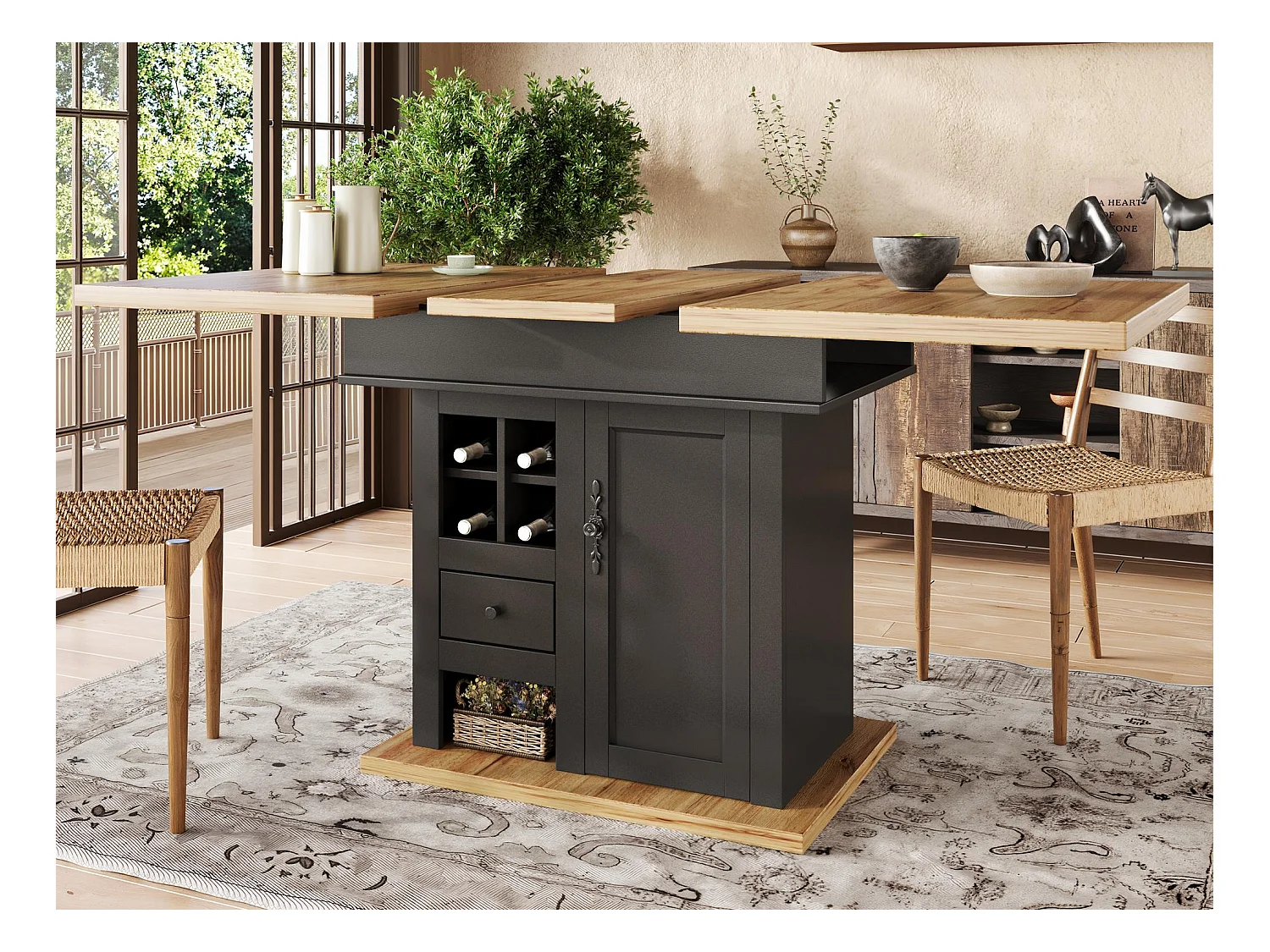Tavolo da pranzo estensibile 110-140×80 cm - 4-6 posti - con 1 anta e 1 cassetto - con portabottiglie - nero
