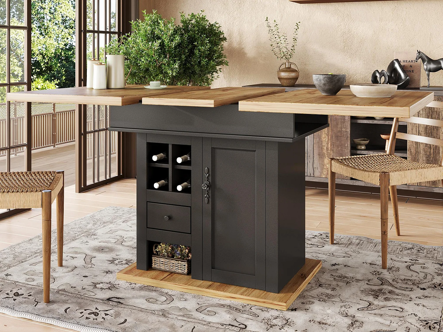 Mesa de jantar extensível 110-140×80 cm - para 4-6 pessoas - com 1 porta e 1 gaveta - com suporte para vinhos - preto