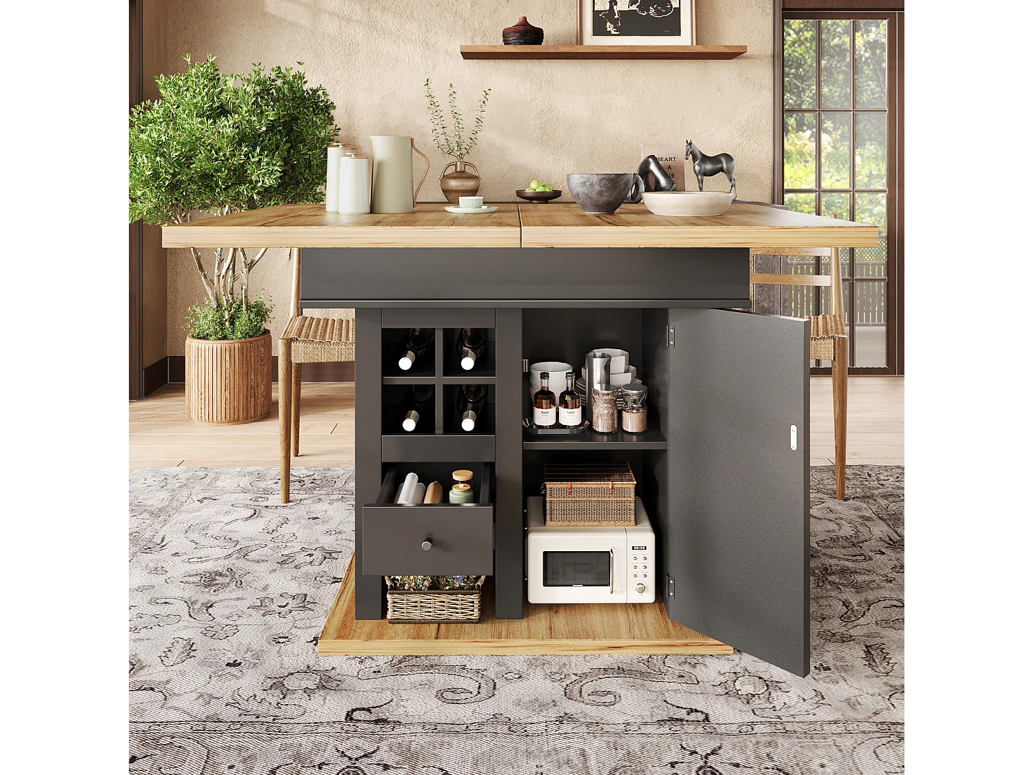 Mesa de jantar extensível 110-140×80 cm - para 4-6 pessoas - com 1 porta e 1 gaveta - com suporte para vinhos - preto