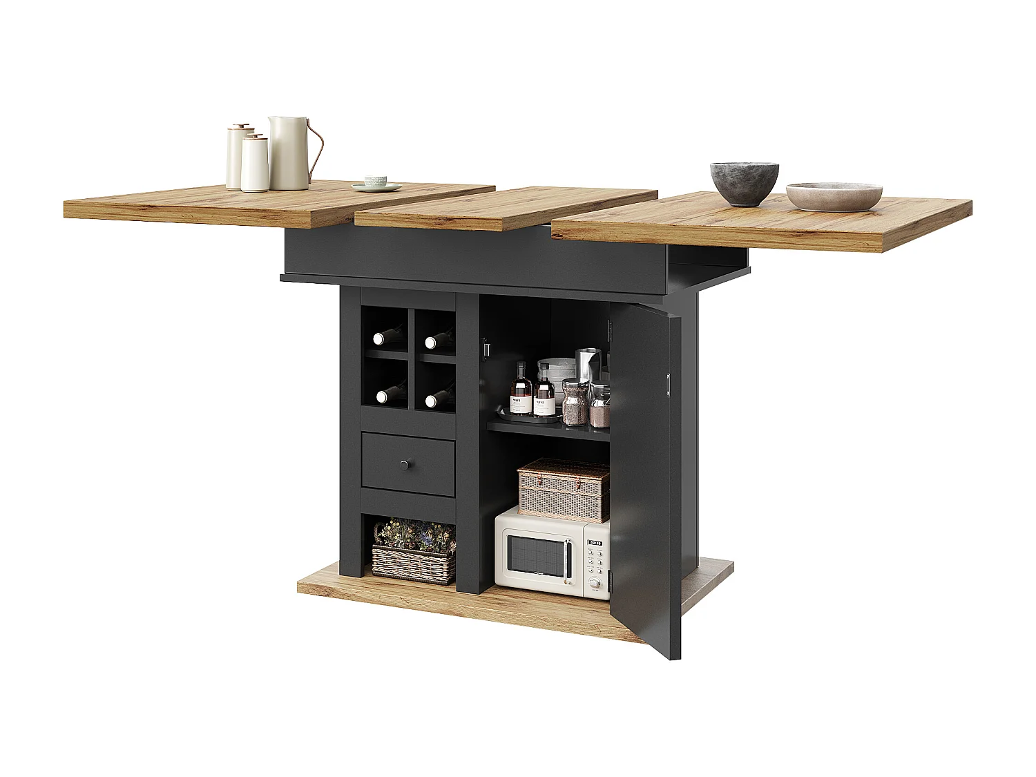 Mesa de jantar extensível 110-140×80 cm - para 4-6 pessoas - com 1 porta e 1 gaveta - com suporte para vinhos - preto