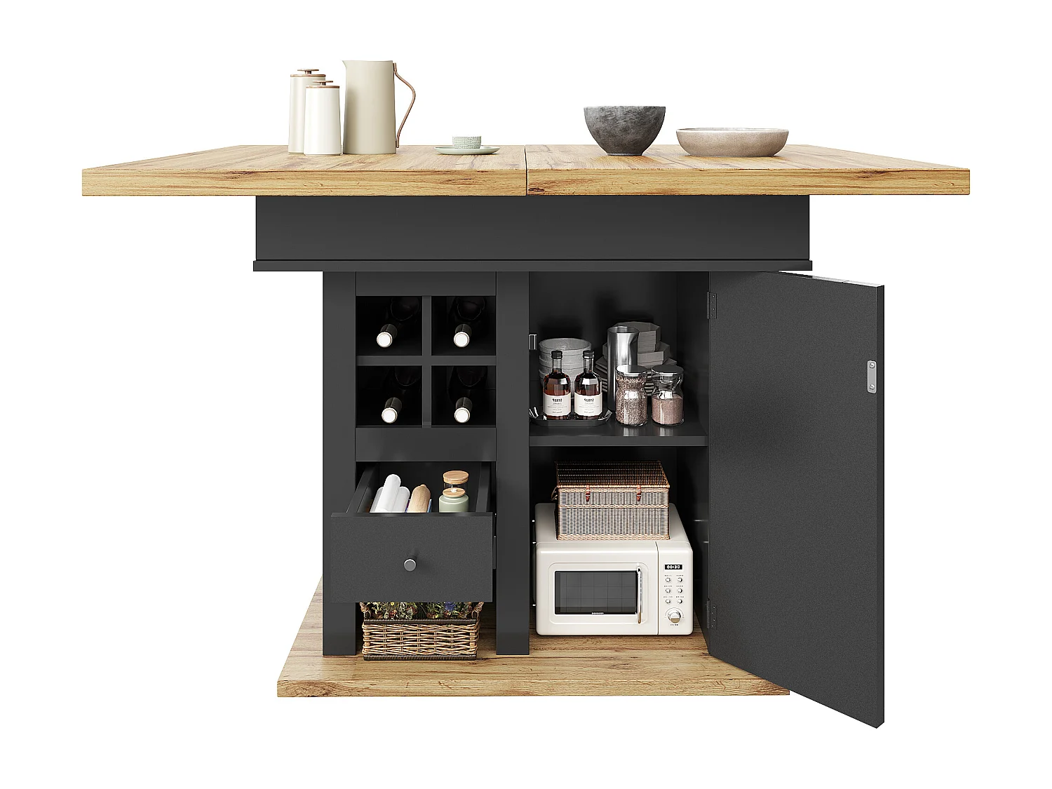 Mesa de jantar extensível 110-140×80 cm - para 4-6 pessoas - com 1 porta e 1 gaveta - com suporte para vinhos - preto