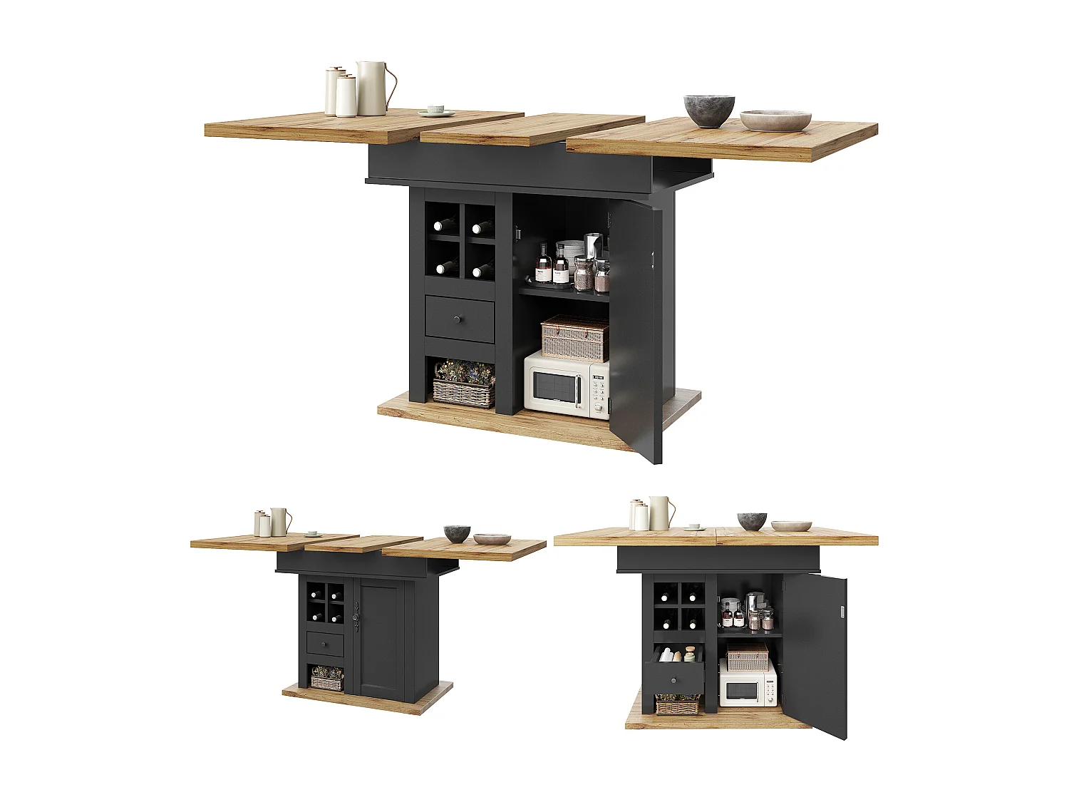Mesa de jantar extensível 110-140×80 cm - para 4-6 pessoas - com 1 porta e 1 gaveta - com suporte para vinhos - preto
