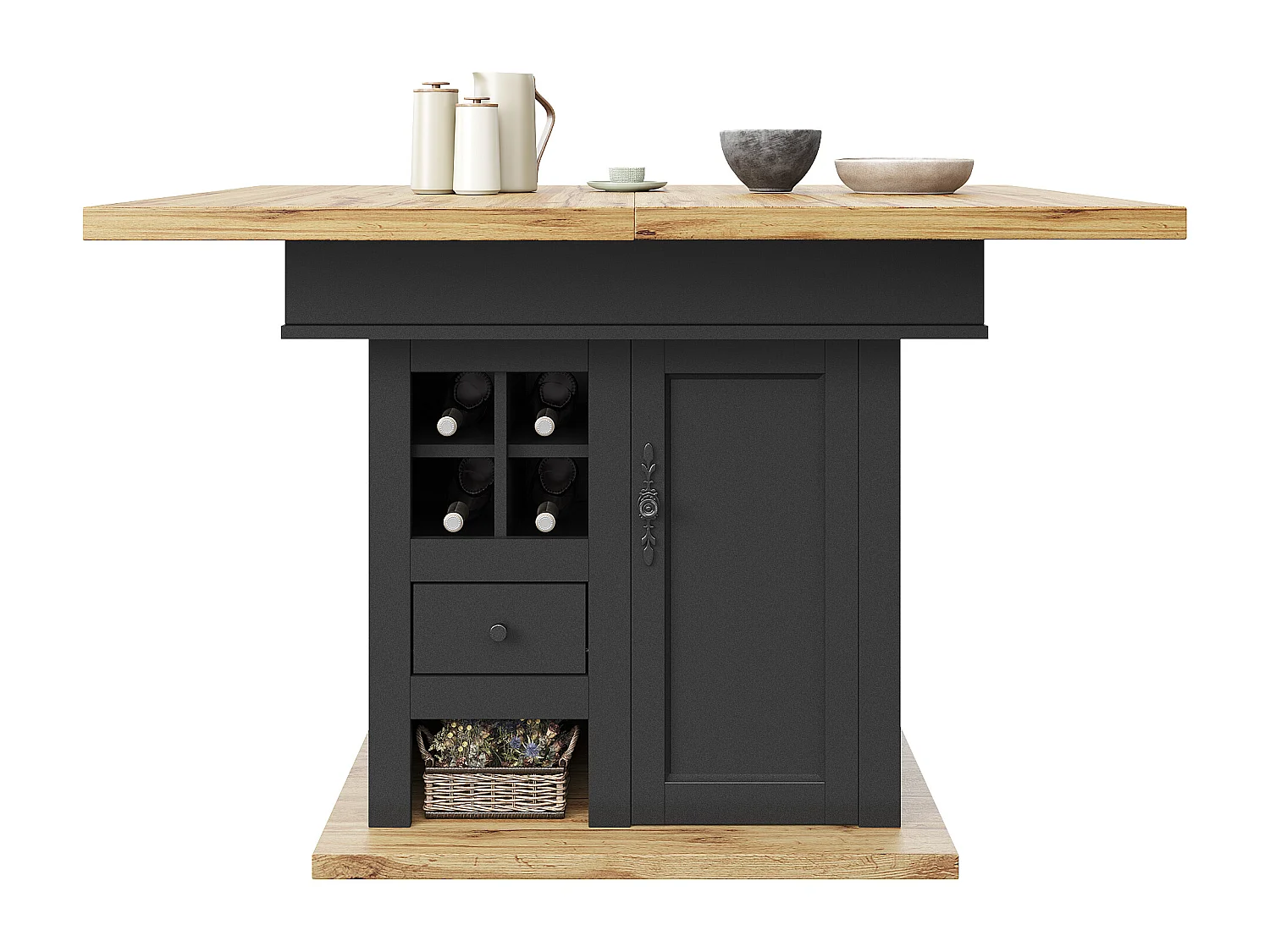 Mesa de jantar extensível 110-140×80 cm - para 4-6 pessoas - com 1 porta e 1 gaveta - com suporte para vinhos - preto