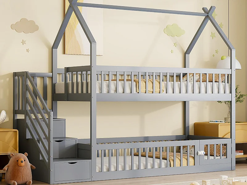 literas infantil 90×200 cm - con escalera de seguridad y 3 cajones - gris (colchón no incluido)