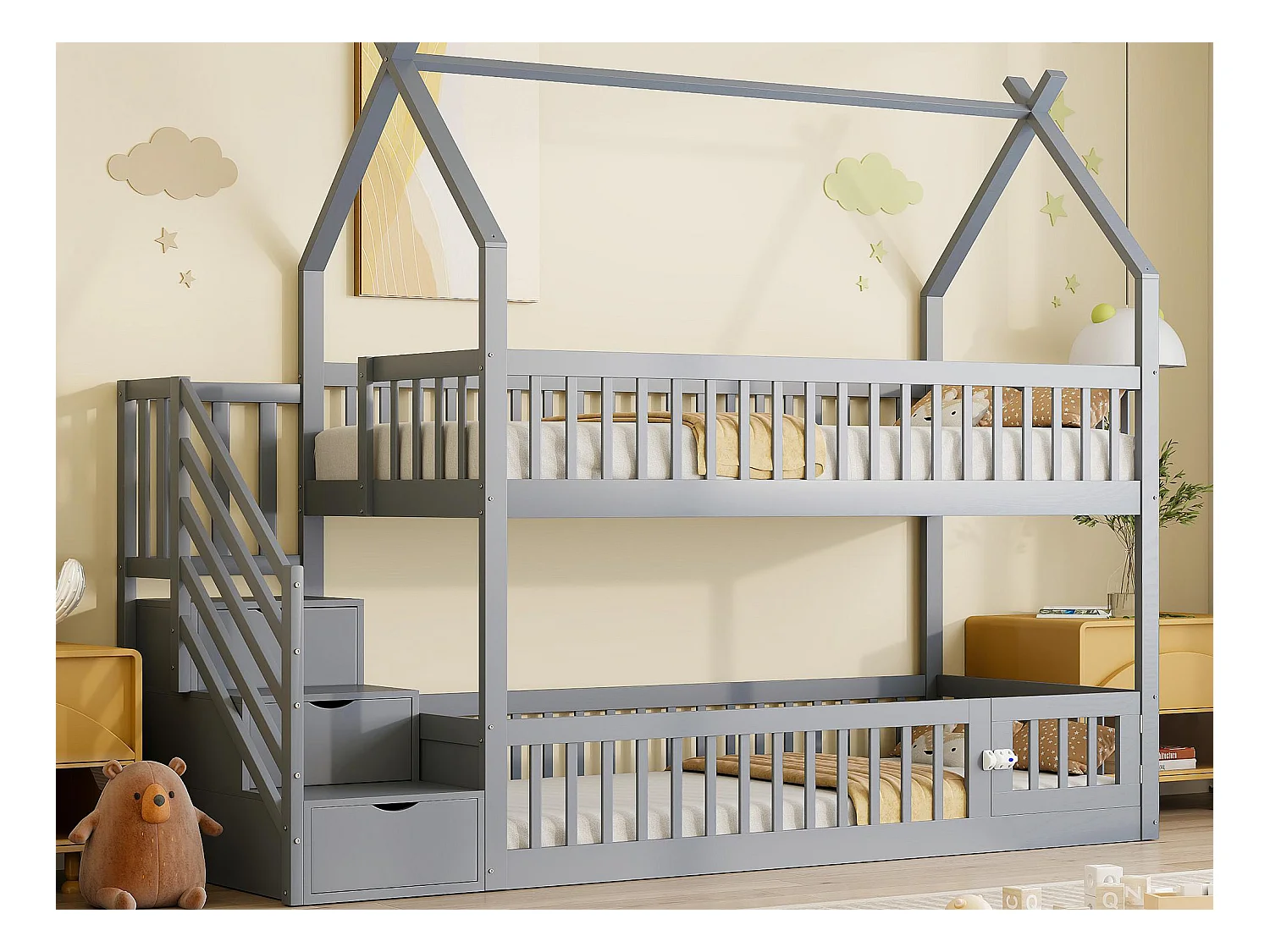 Lit superposé enfant 90x200 cm - avec échelle de sécurité et 3 tiroirs - Gris (matelas non inclus)