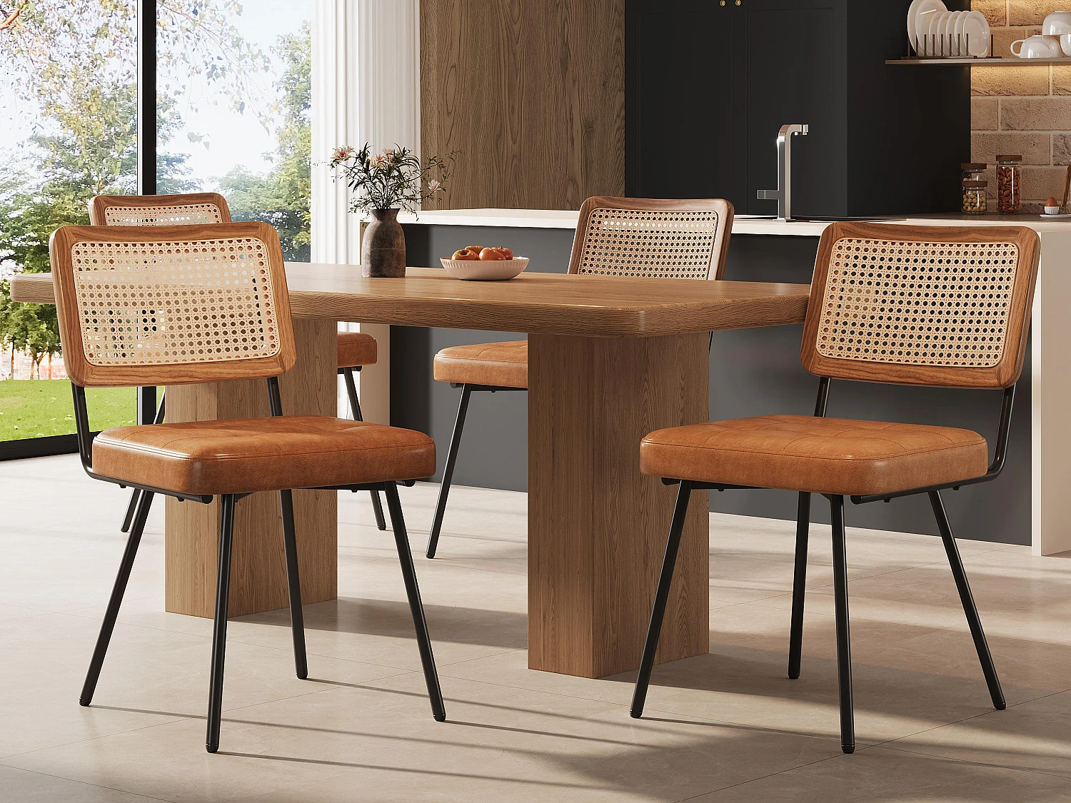 Set van 4 gestoffeerde eetkamerstoelen - van kunstleer en rotan - metalen frame - retro stijl - bruin