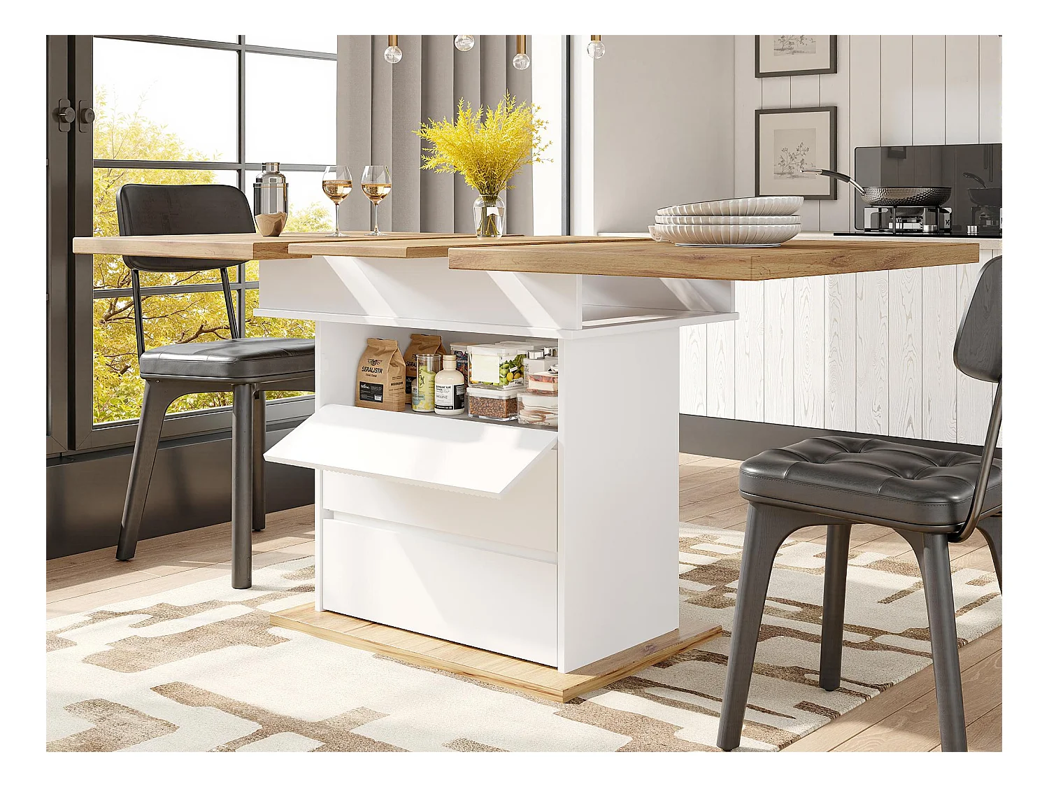 Uitschuifbare eettafel 110-140×80 cm - voor 4-6 personen - met 1 deur en 2 laden - wit