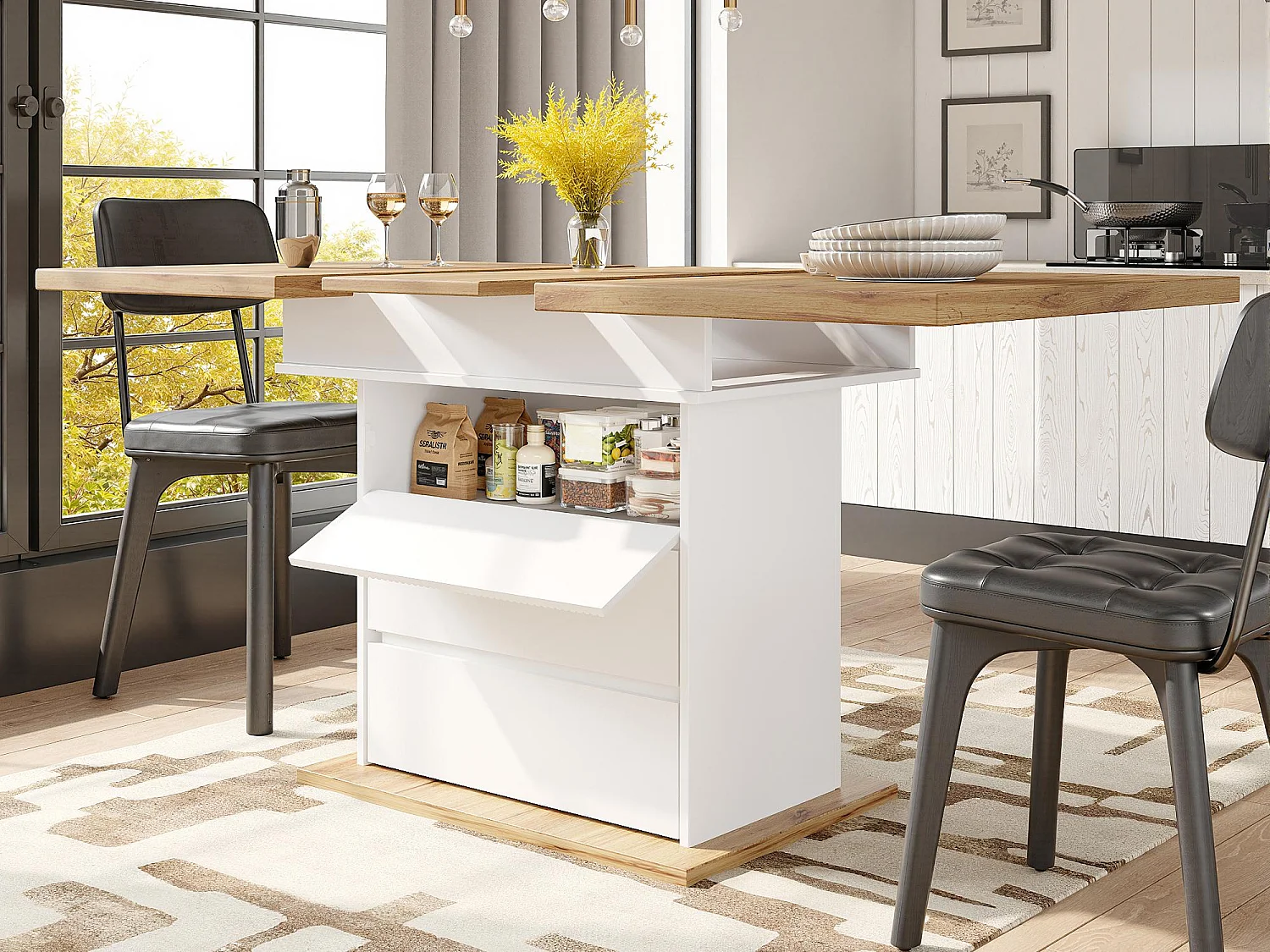 Stół rozsuwany 110-140×80 cm - dla 4-6 osób - z 1 drzwiami i 2 szufladami - biały