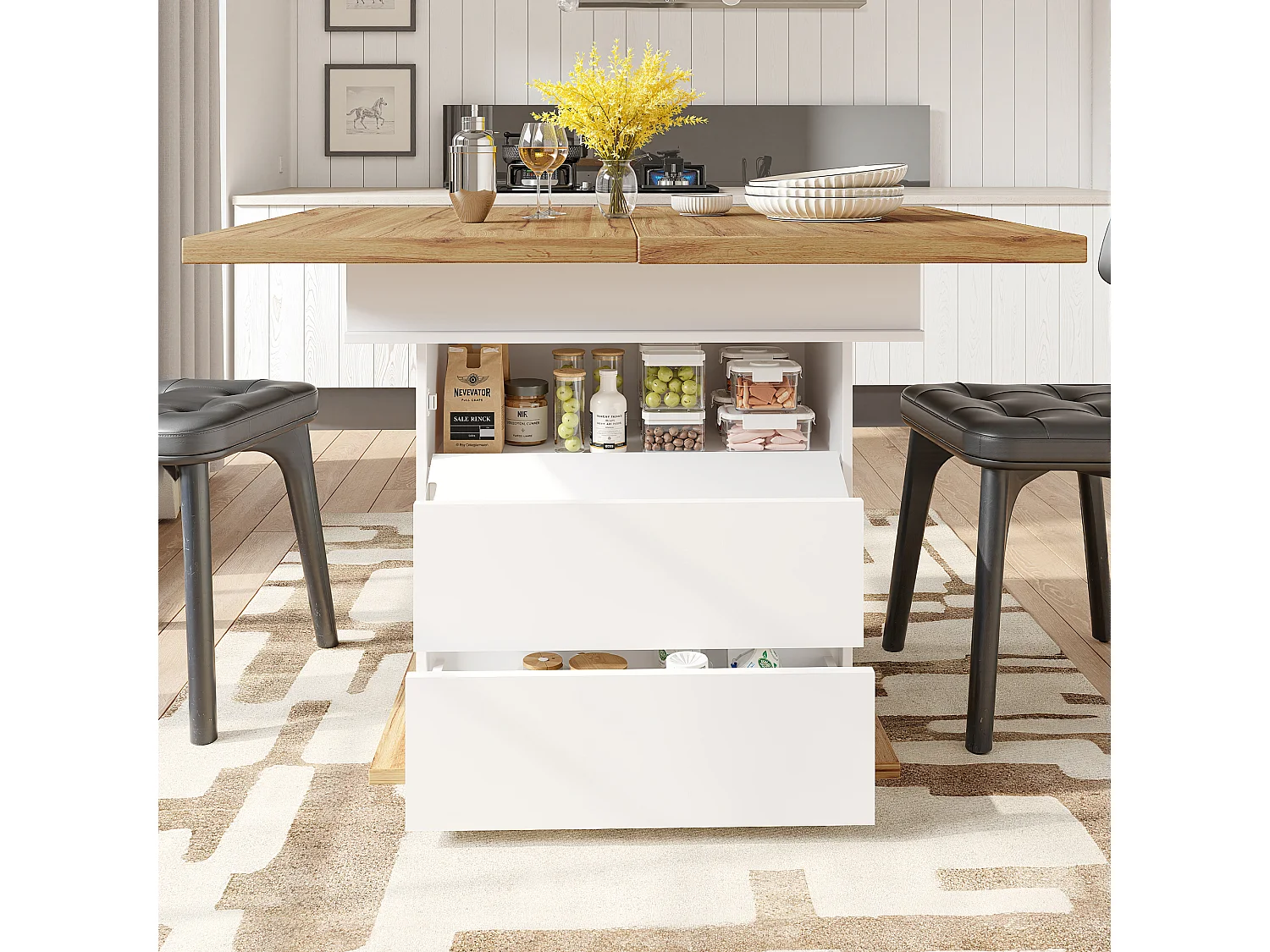 Stół rozsuwany 110-140×80 cm - dla 4-6 osób - z 1 drzwiami i 2 szufladami - biały