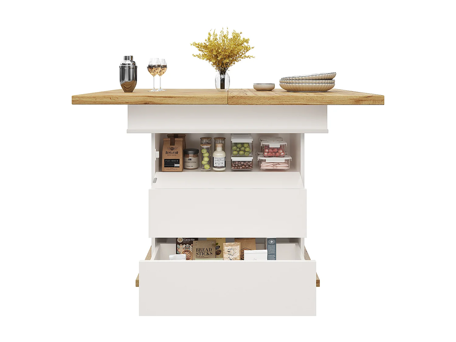 Stół rozsuwany 110-140×80 cm - dla 4-6 osób - z 1 drzwiami i 2 szufladami - biały