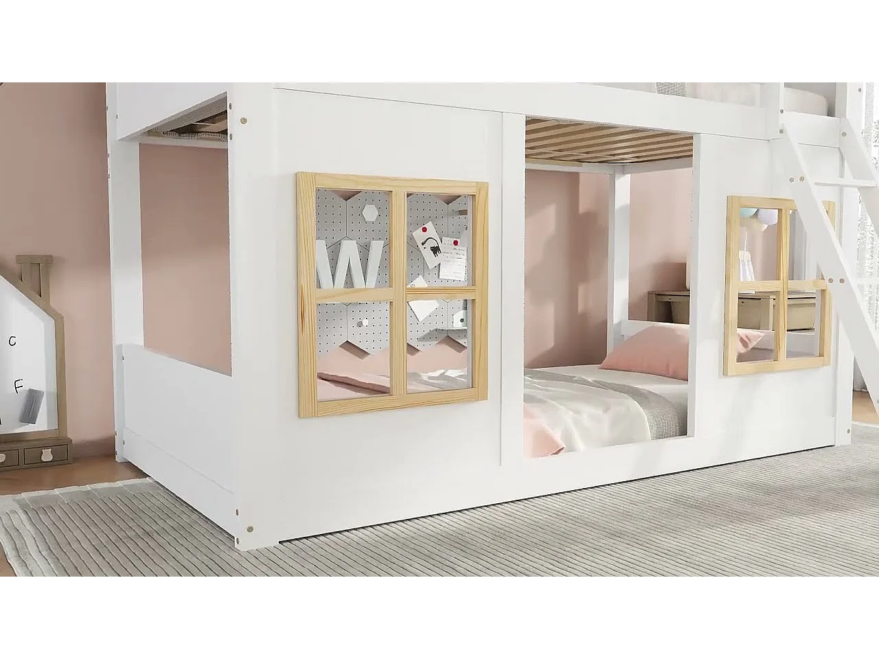 Beliche 90×200 cm - com janelas e grades - com escada de 3 degraus - Madeira maciça + MDF - branco (sem colchão)