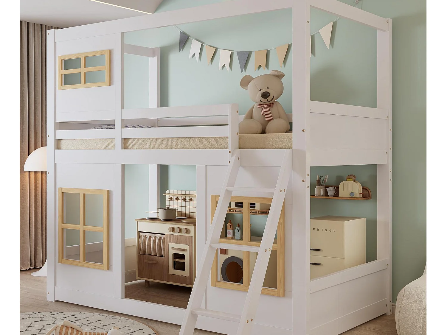 Beliche 90×200 cm - com janelas e grades - com escada de 3 degraus - Madeira maciça + MDF - branco (sem colchão)