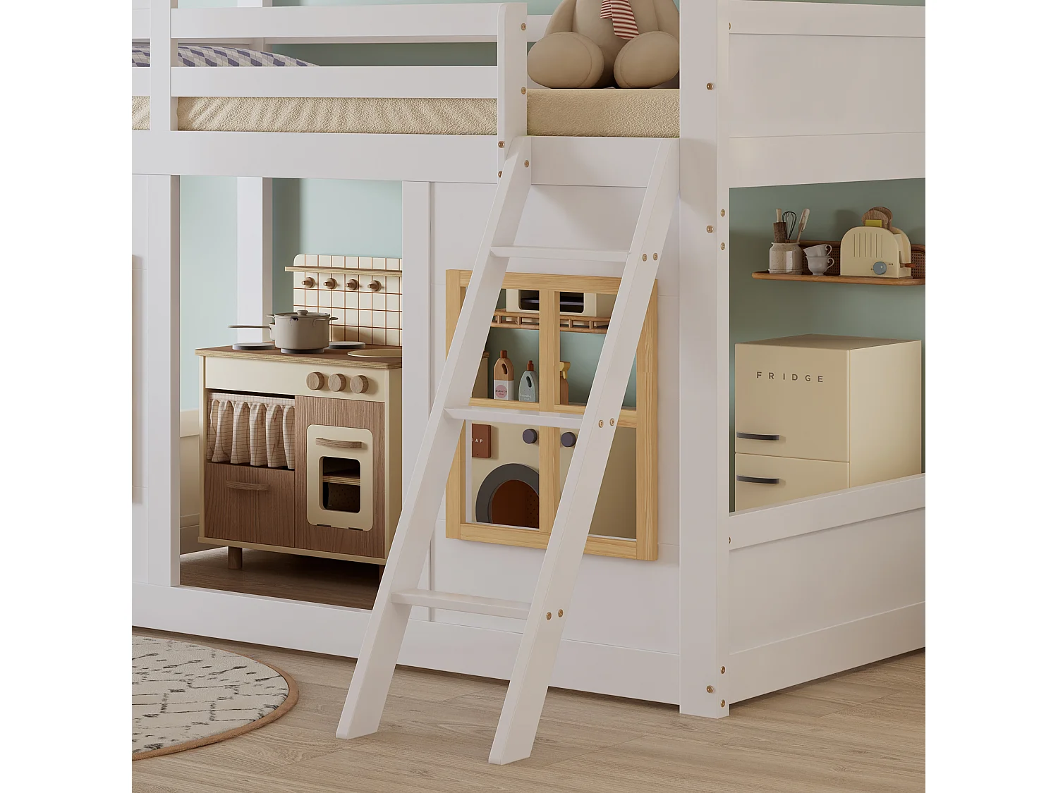 Beliche 90×200 cm - com janelas e grades - com escada de 3 degraus - Madeira maciça + MDF - branco (sem colchão)