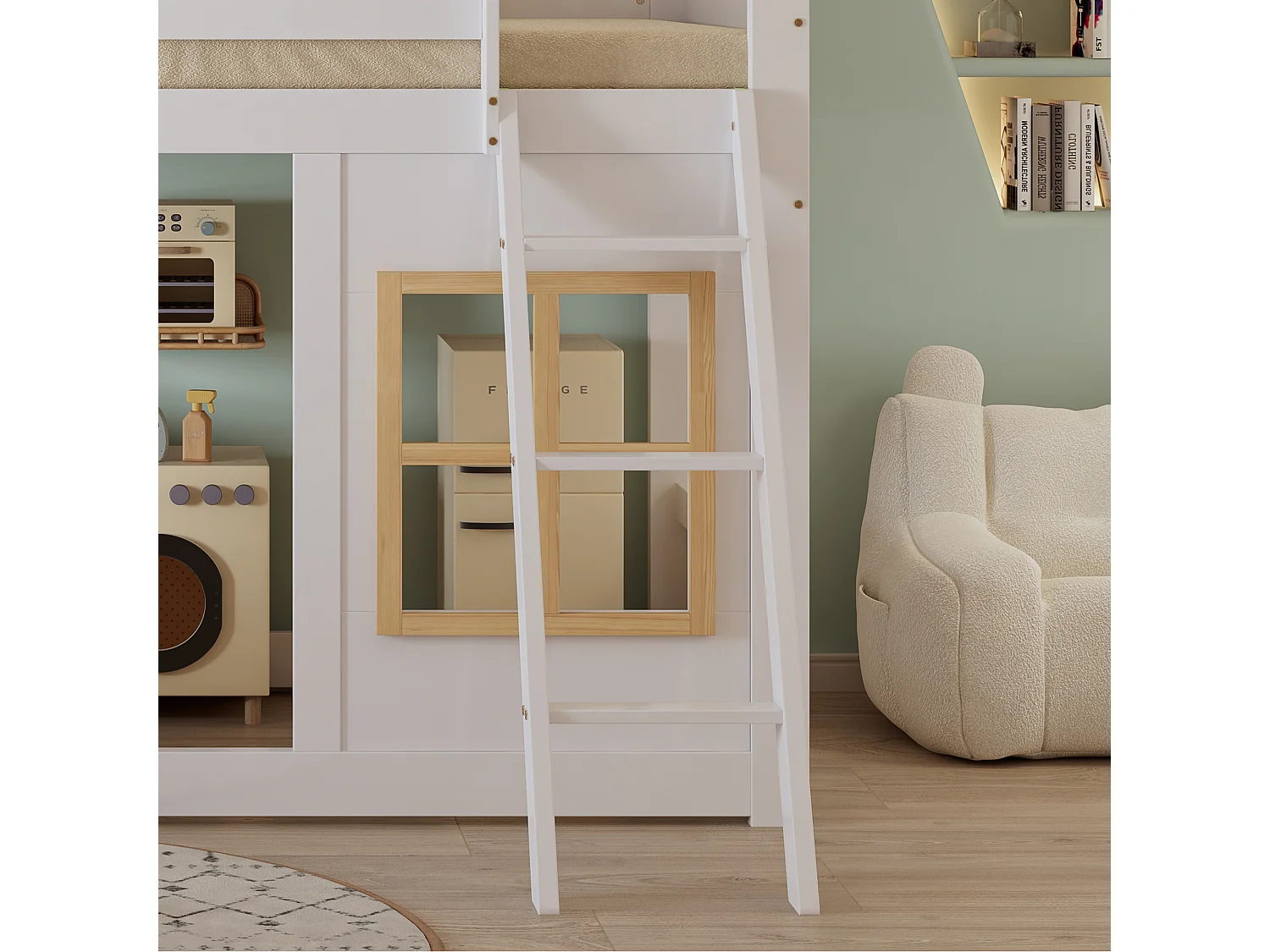 Beliche 90×200 cm - com janelas e grades - com escada de 3 degraus - Madeira maciça + MDF - branco (sem colchão)