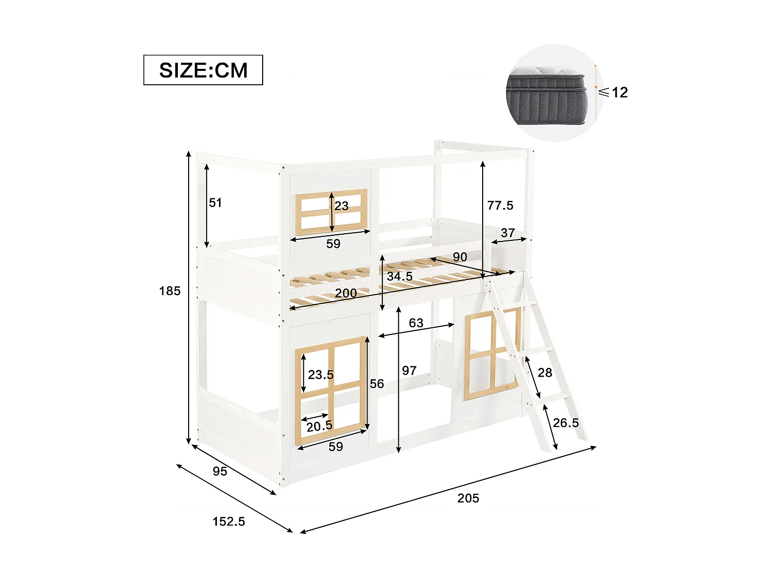 Beliche 90×200 cm - com janelas e grades - com escada de 3 degraus - Madeira maciça + MDF - branco (sem colchão)