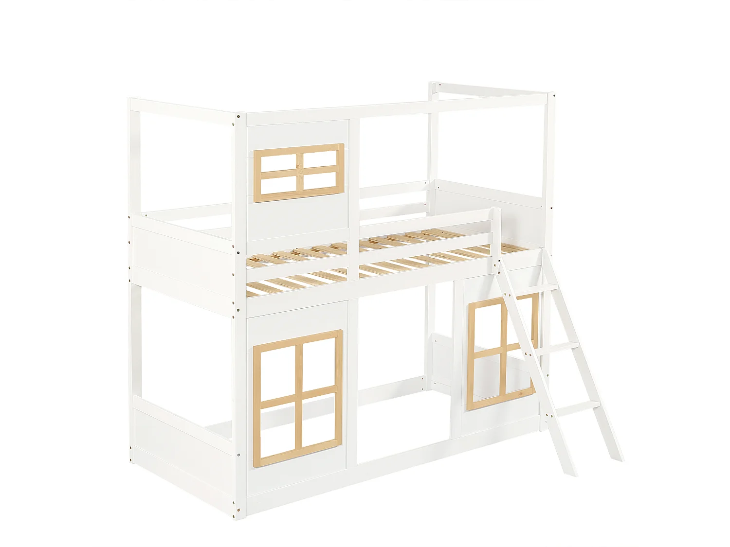 Beliche 90×200 cm - com janelas e grades - com escada de 3 degraus - Madeira maciça + MDF - branco (sem colchão)