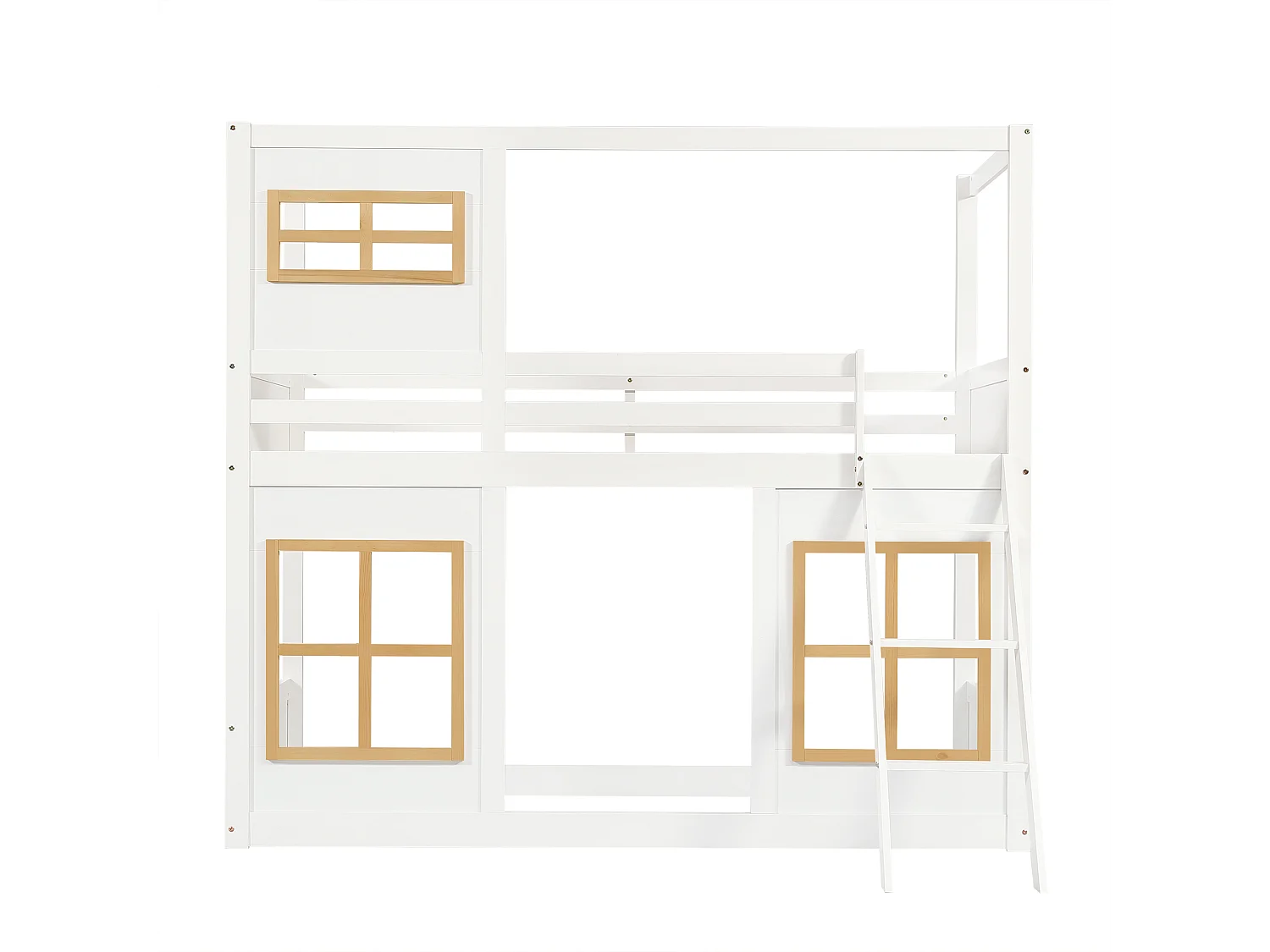 Lit superposé 90x200 cm - avec des fenêtres et des clôtures - avec échelle à 3 marches - Bois massif + MDF - Blanc (sans matelas)