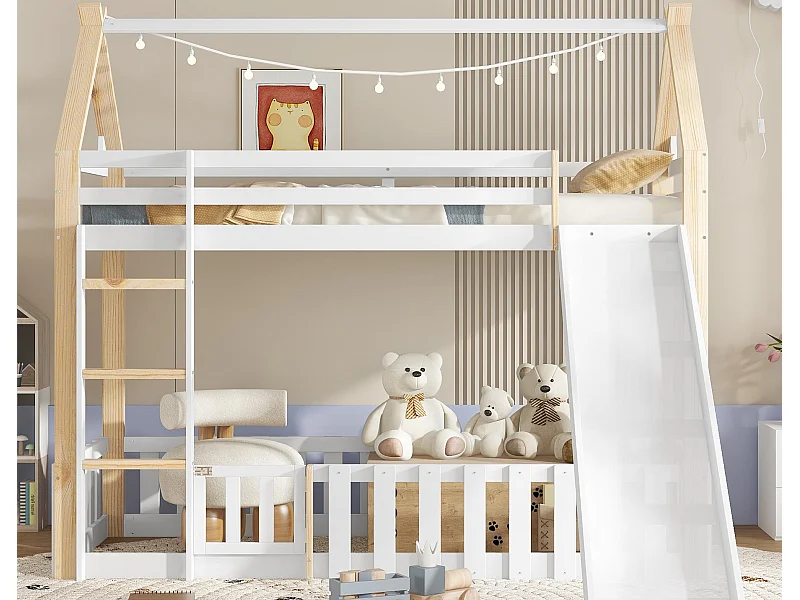 Beliche infantil 90×200 cm - com grade de segurança e escorregador - com escada de 3 degraus - Madeira maciça + MDF - branco (sem colchão)