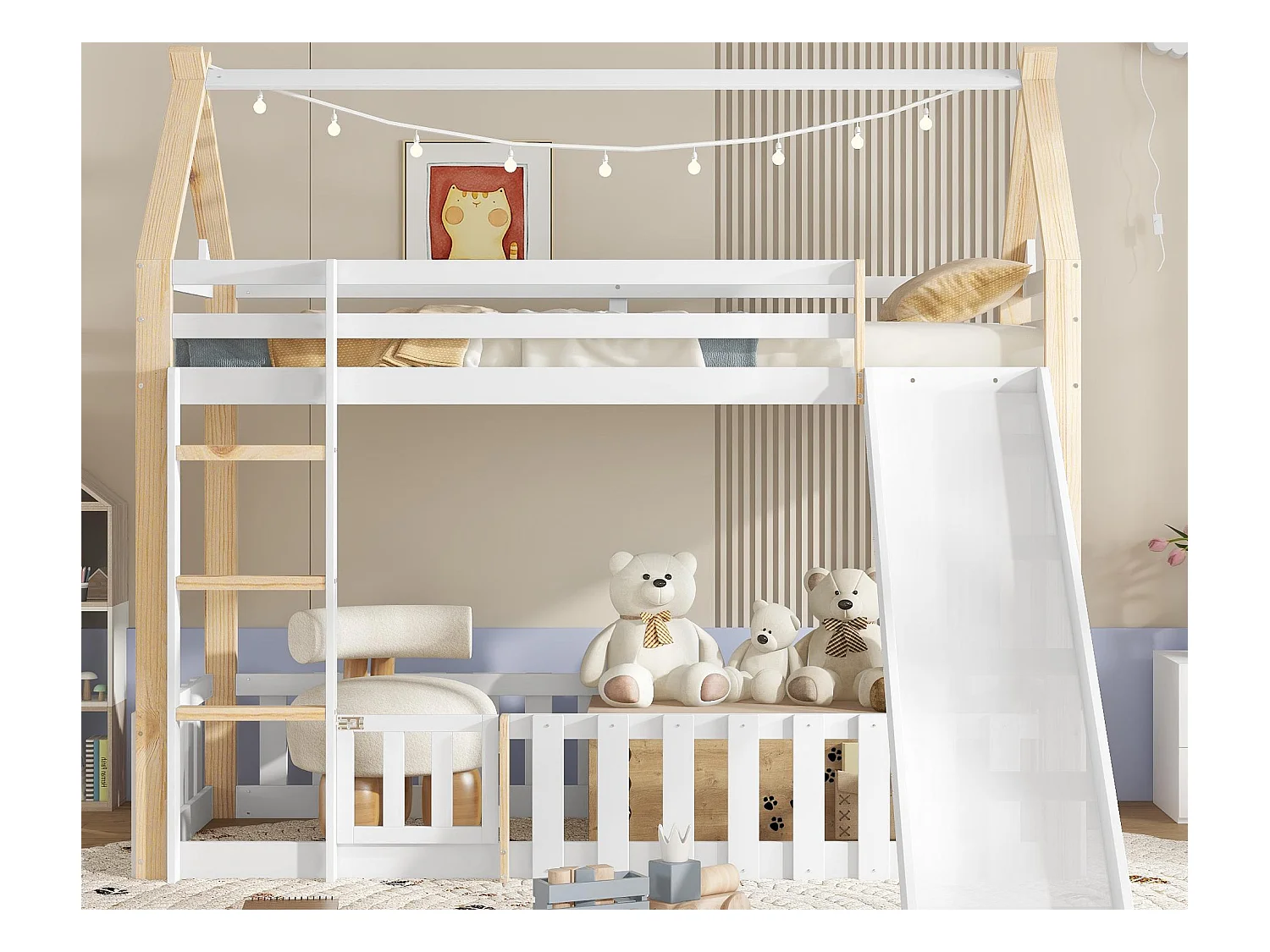 Lit superposé 90x200 cm - avec clôture et toboggan - avec échelle à 3 marches - Bois massif + MDF - Blanc (sans matelas)