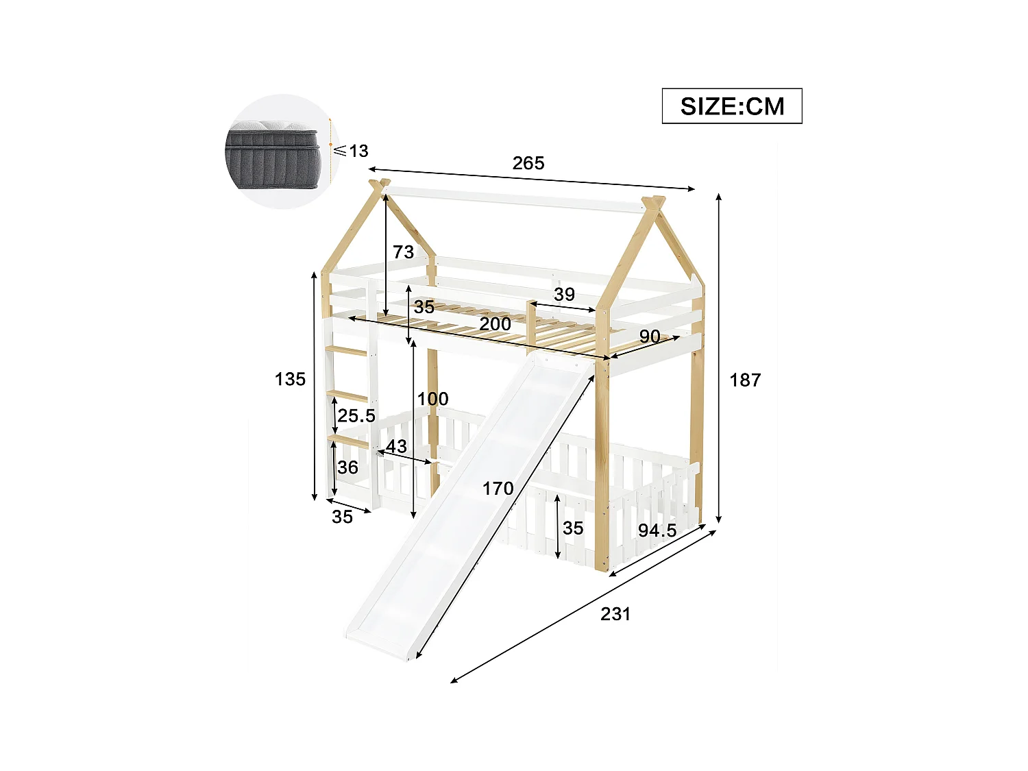 Lit superposé 90x200 cm - avec clôture et toboggan - avec échelle à 3 marches - Bois massif + MDF - Blanc (sans matelas)