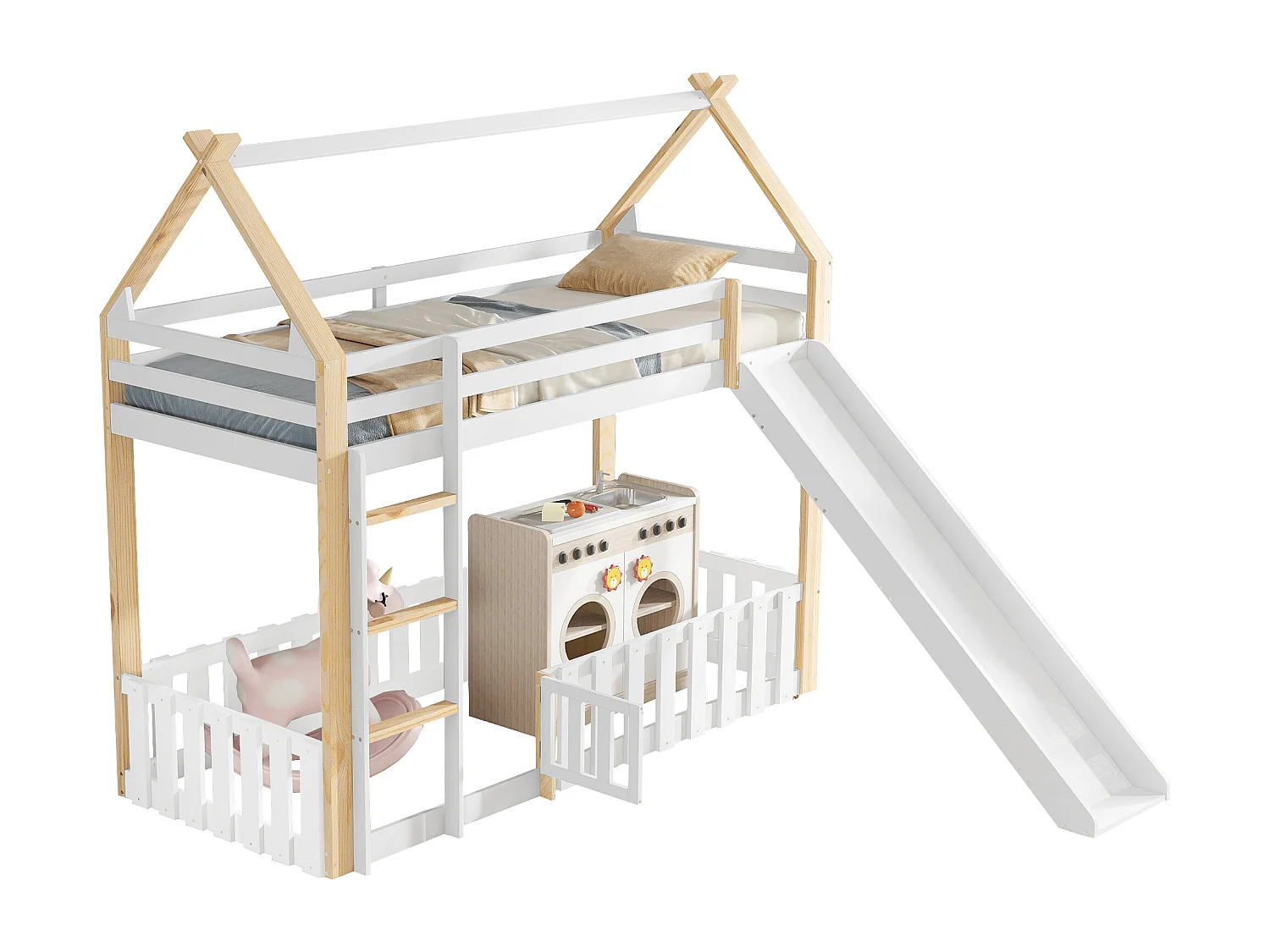 Lit superposé 90x200 cm - avec clôture et toboggan - avec échelle à 3 marches - Bois massif + MDF - Blanc (sans matelas)