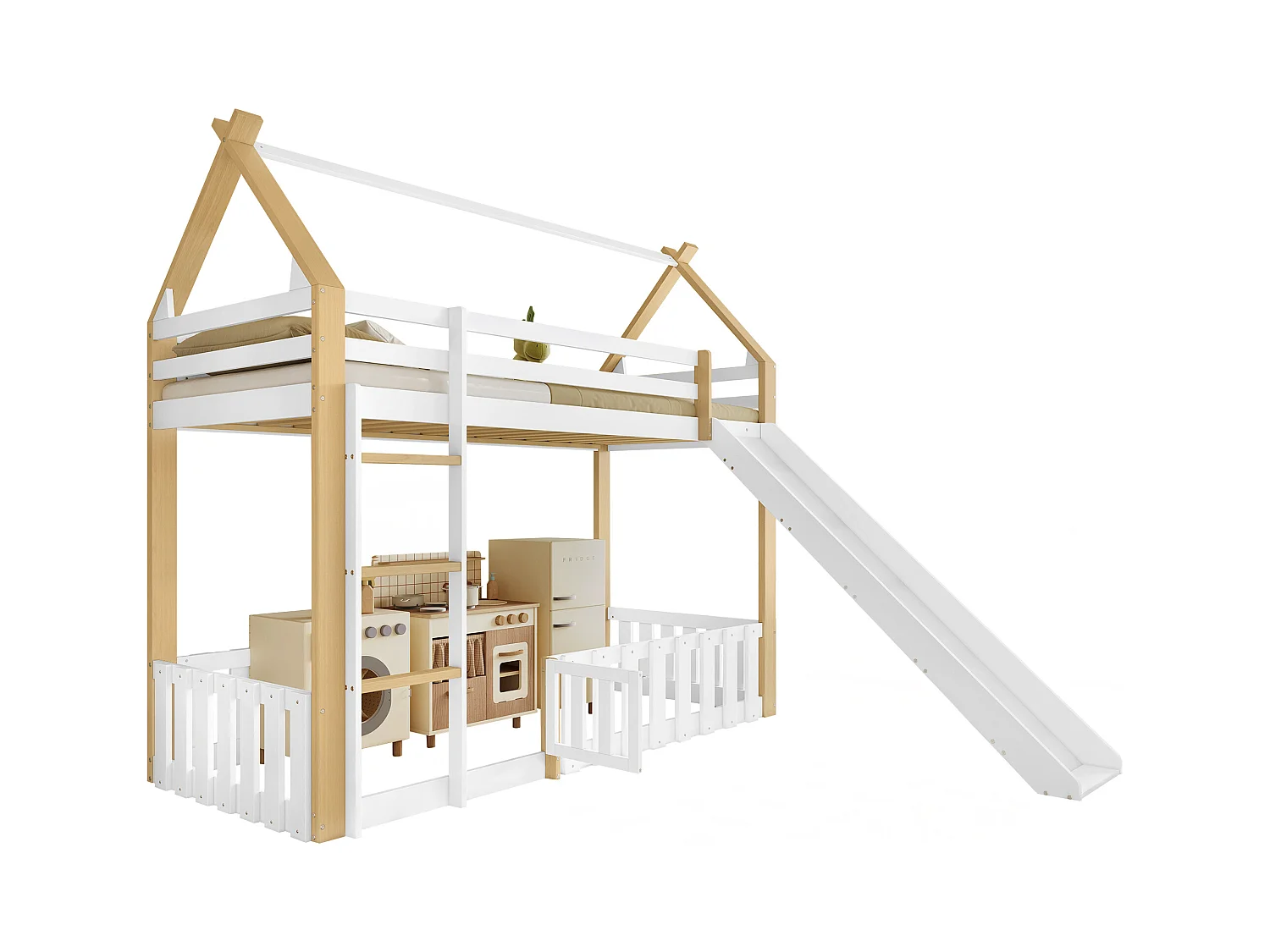 Lit superposé 90x200 cm - avec clôture et toboggan - avec échelle à 3 marches - Bois massif + MDF - Blanc (sans matelas)