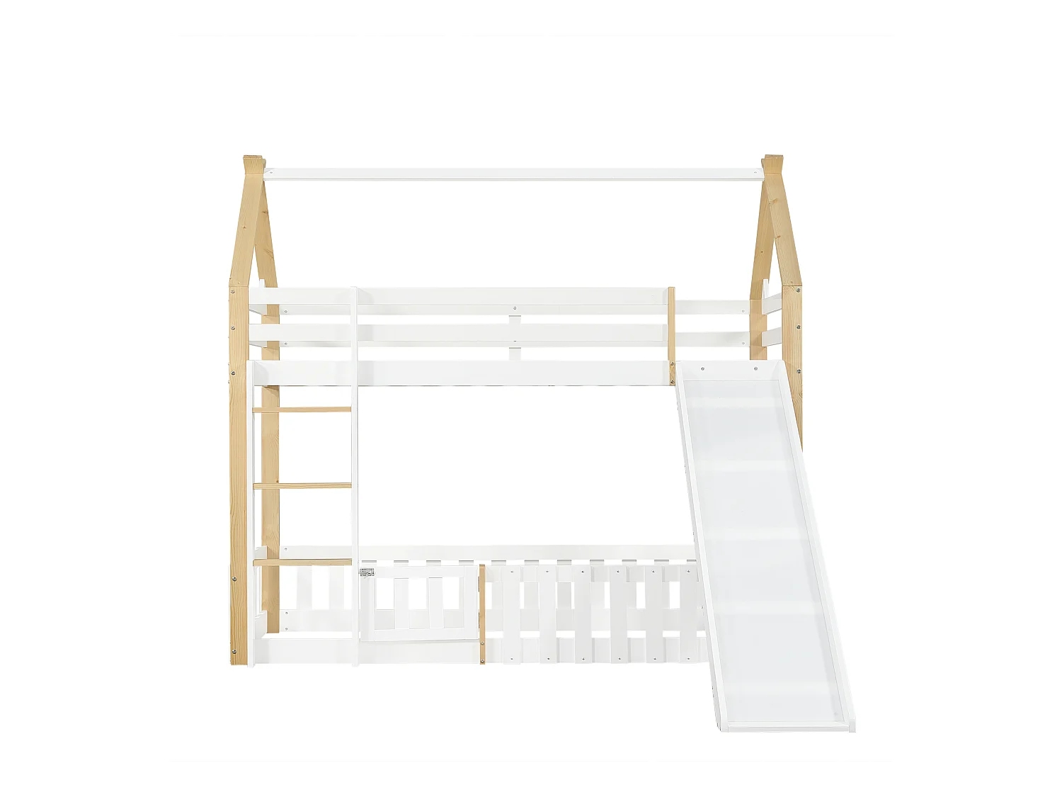 Lit superposé 90x200 cm - avec clôture et toboggan - avec échelle à 3 marches - Bois massif + MDF - Blanc (sans matelas)