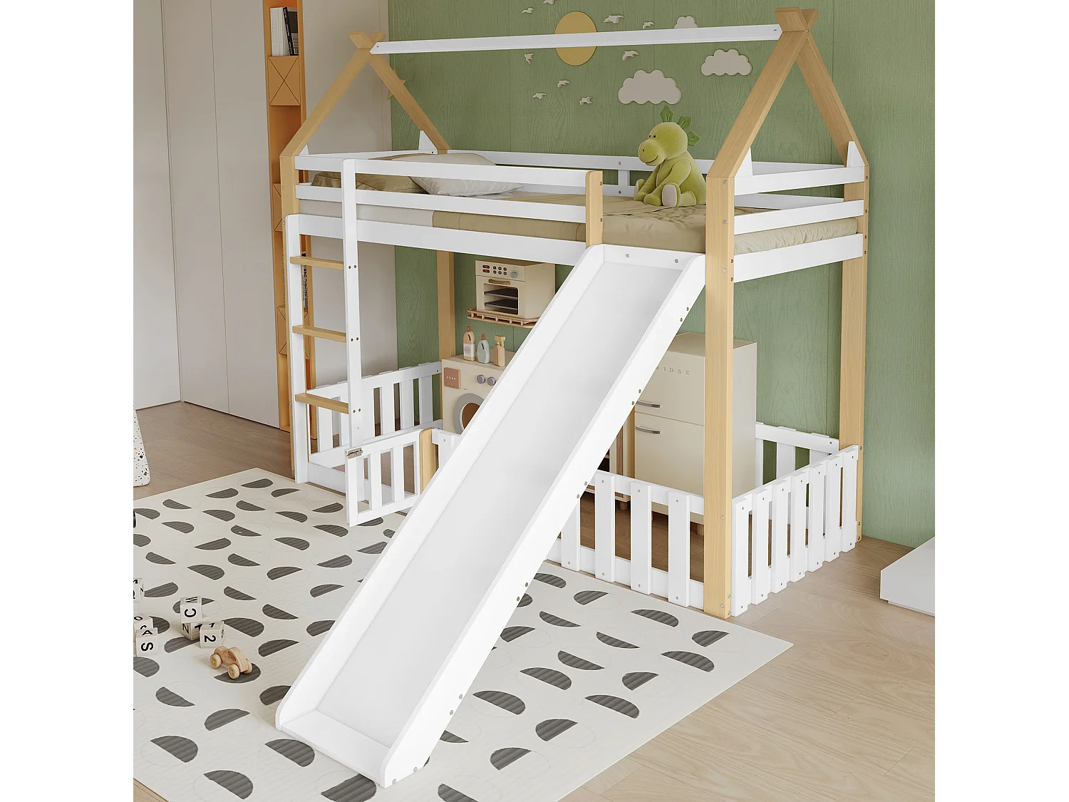 Lit superposé 90x200 cm - avec clôture et toboggan - avec échelle à 3 marches - Bois massif + MDF - Blanc (sans matelas)