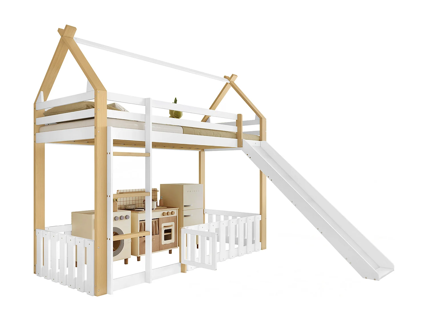 Lit superposé 90x200 cm - avec clôture et toboggan - avec échelle à 3 marches - Bois massif + MDF - Blanc (sans matelas)