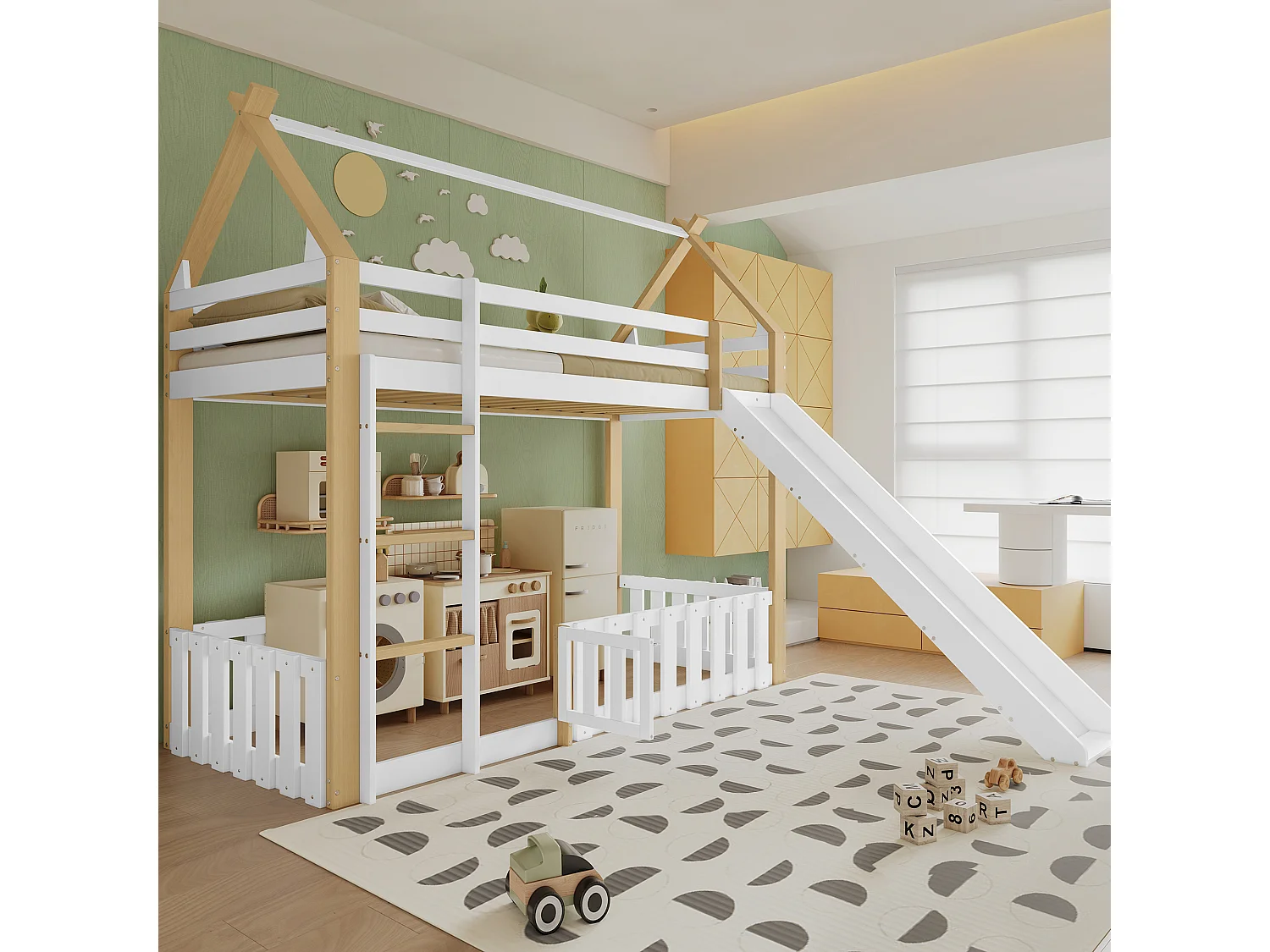 Lit superposé 90x200 cm - avec clôture et toboggan - avec échelle à 3 marches - Bois massif + MDF - Blanc (sans matelas)