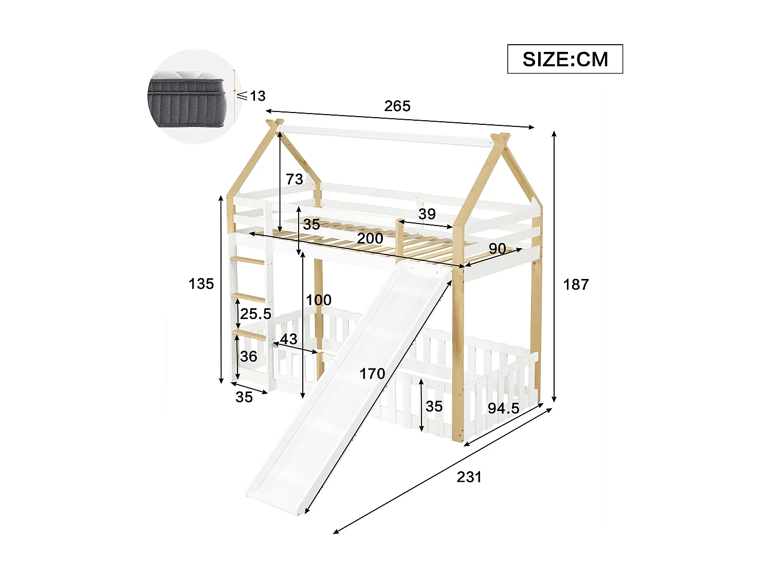 Lit superposé 90x200 cm - avec clôture et toboggan - avec échelle à 3 marches - Bois massif + MDF - Blanc (sans matelas)