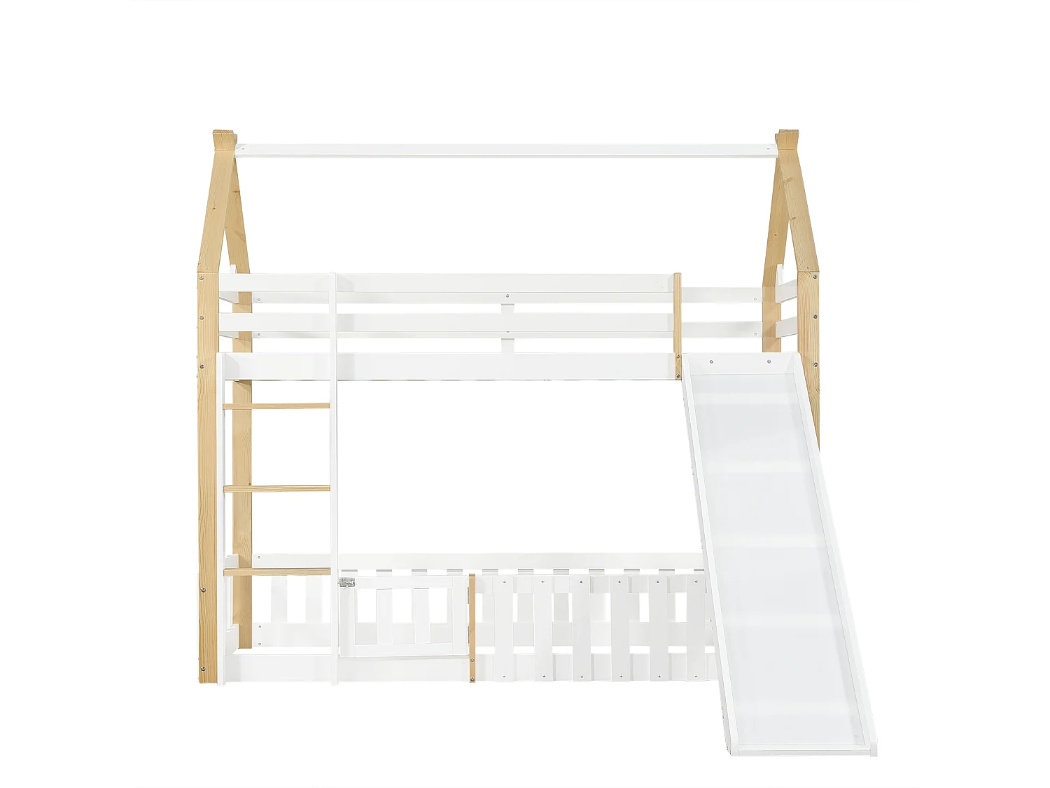 Lit superposé 90x200 cm - avec clôture et toboggan - avec échelle à 3 marches - Bois massif + MDF - Blanc (sans matelas)