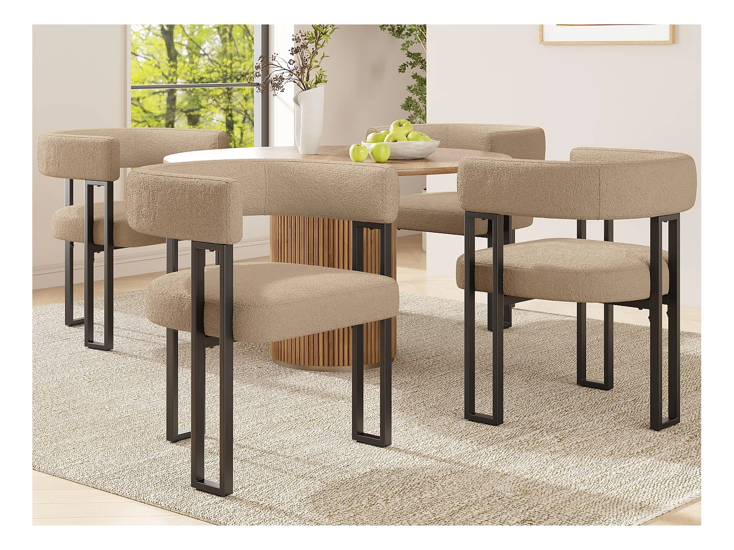 Lot de 4 Chaise de salle à manger rembourrées - en tissu en flanelle - structure en métal - marron